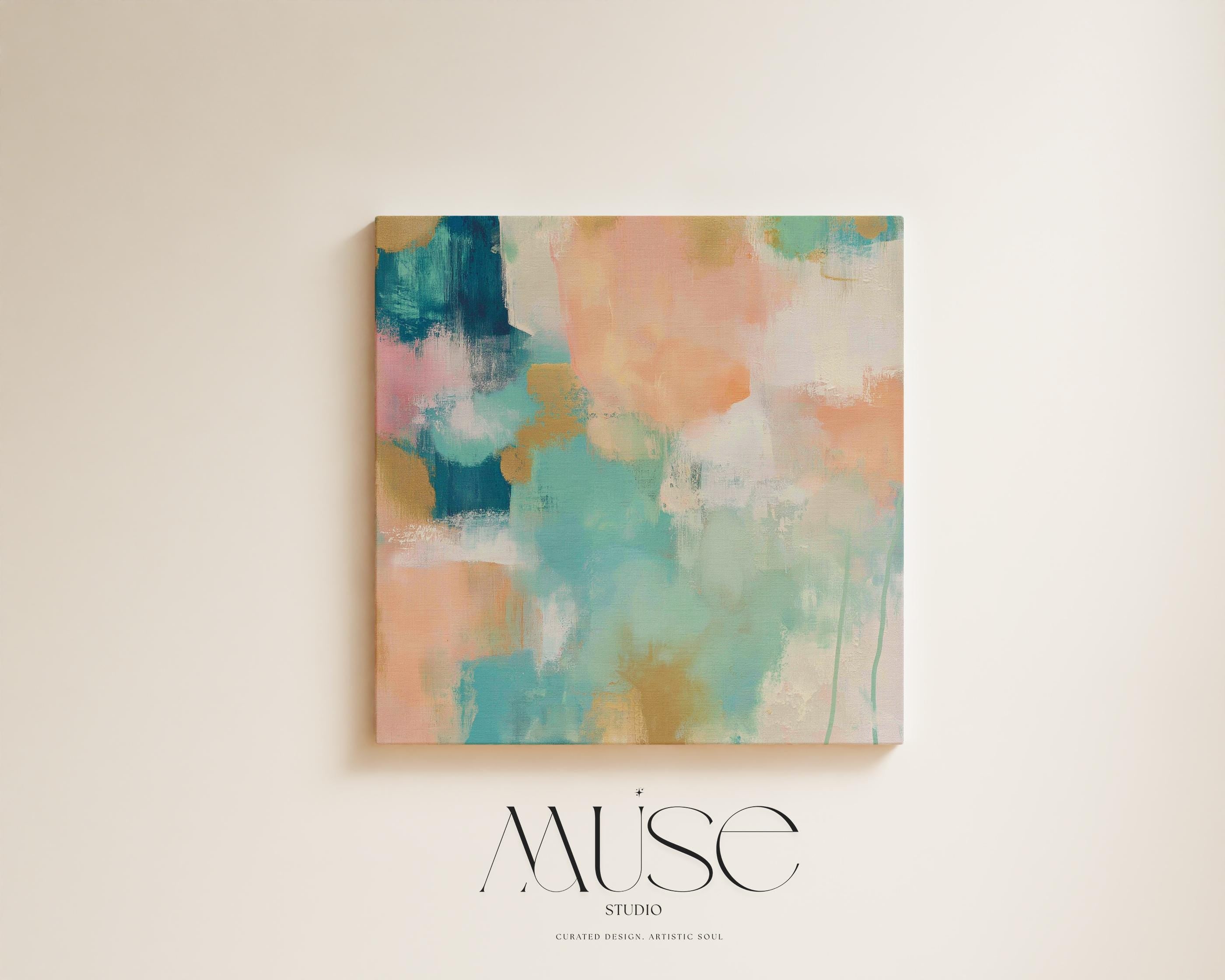 Large square abstract canvas wall art featuring coral, peach, teal, aqua blue, and sand tones with visible brush texture, designed for above couch placement, bringing soft warmth and layered color to a neutral living room or bedroom wall.