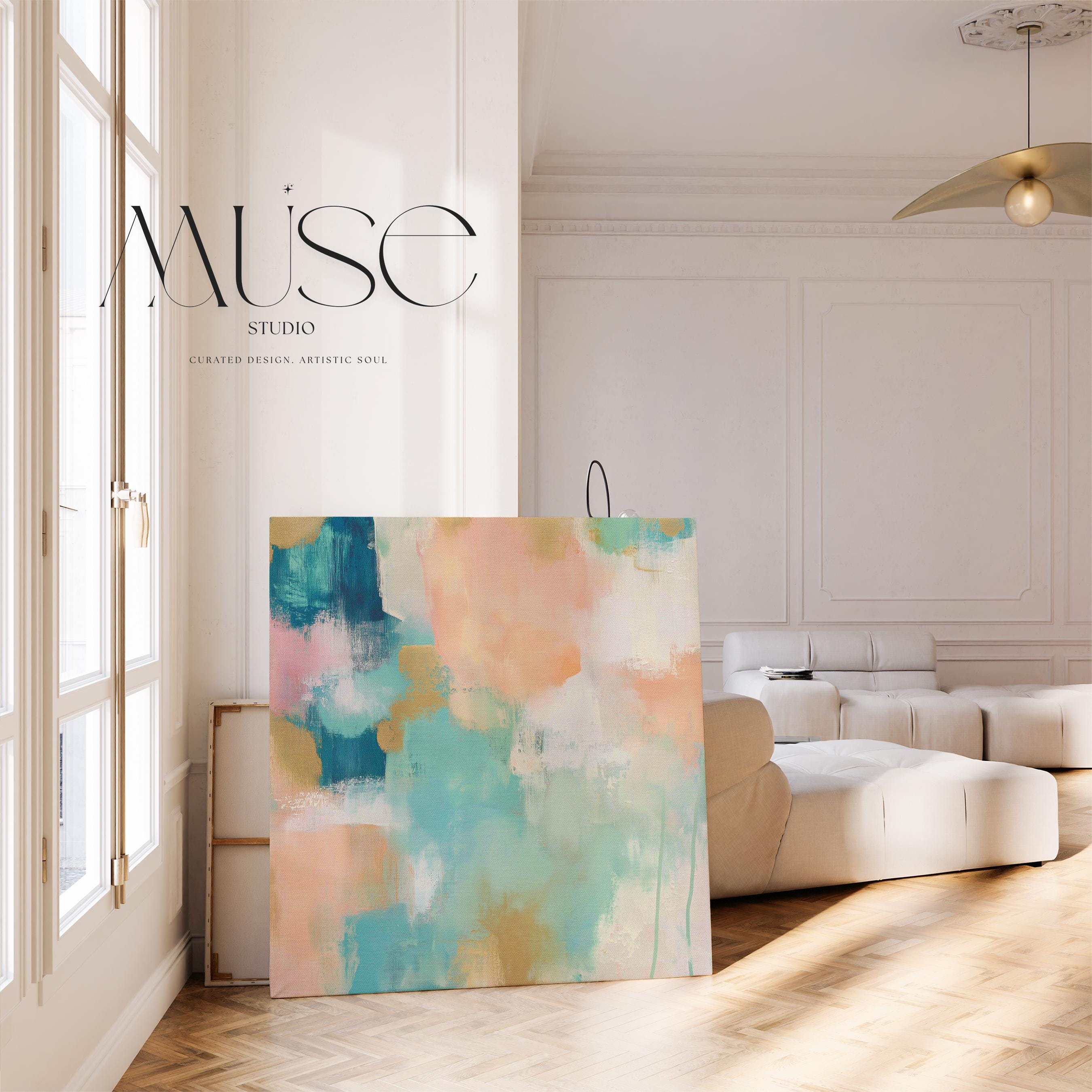 Large square abstract canvas wall art featuring coral, peach, teal, aqua blue, and sand tones with visible brush texture, designed for above couch placement, bringing soft warmth and layered color to a neutral living room or bedroom wall.
