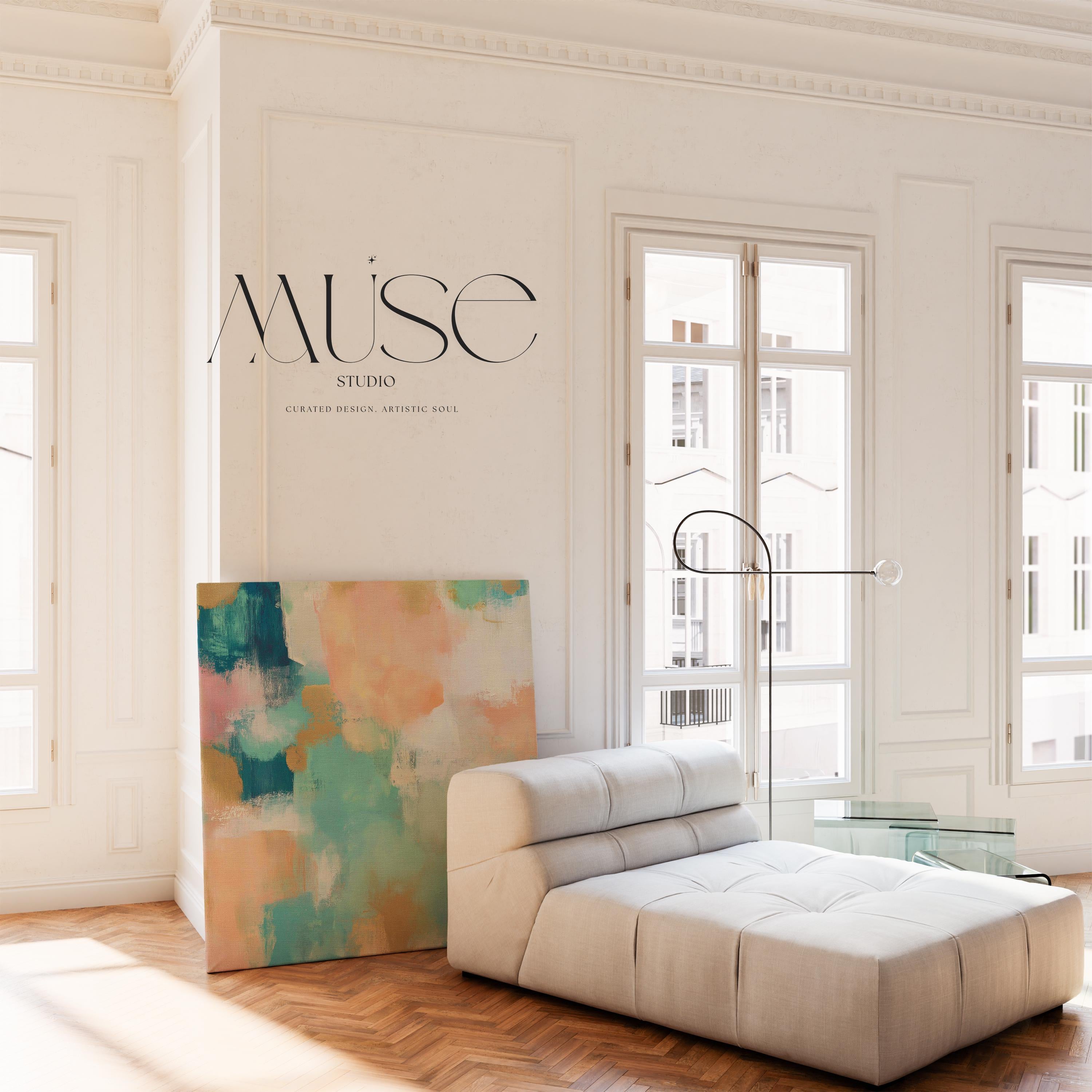 Sunlit Current No. 1015 by Muse Studio & Co. large square coastal abstract canvas wall art in coral pink and teal blue tones, printed with museum-grade giclée inks on premium gallery-wrapped artist canvas and styled as colorful coastal wall decor in a bright preppy living room with natural textures and layered contemporary interiors.