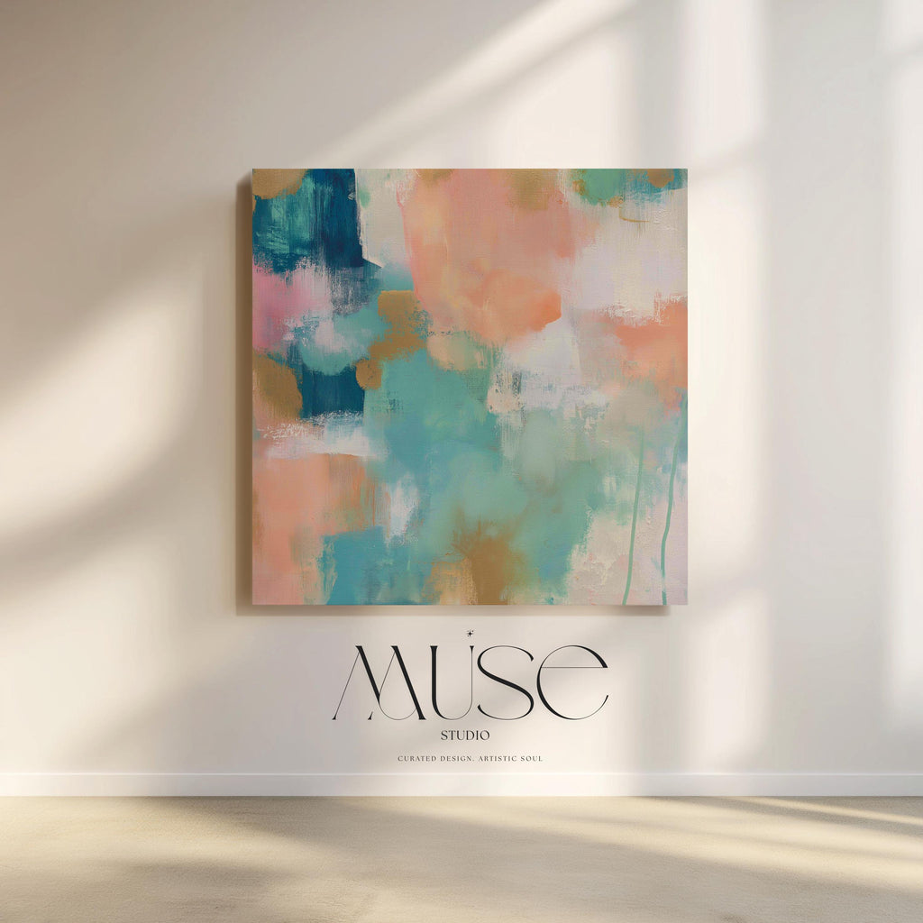 Large square abstract canvas wall art featuring coral, peach, teal, aqua blue, and sand tones with visible brush texture, designed for above couch placement, bringing soft warmth and layered color to a neutral living room or bedroom wall.