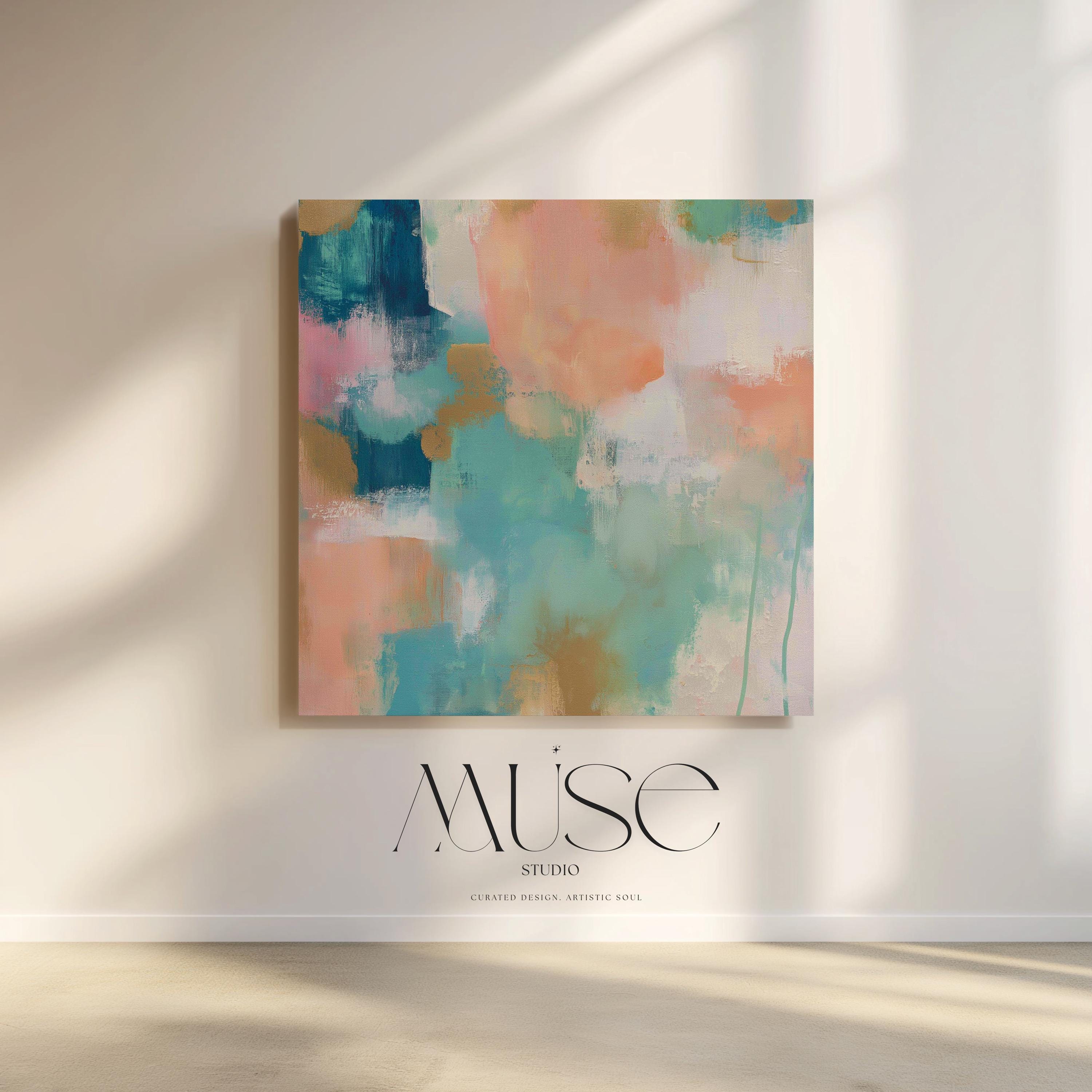 Large square abstract canvas wall art featuring coral, peach, teal, aqua blue, and sand tones with visible brush texture, designed for above couch placement, bringing soft warmth and layered color to a neutral living room or bedroom wall.