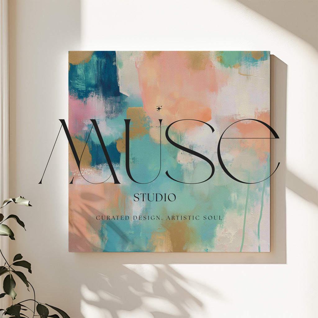 Large square abstract canvas wall art featuring coral, peach, teal, aqua blue, and sand tones with visible brush texture, designed for above couch placement, bringing soft warmth and layered color to a neutral living room or bedroom wall.