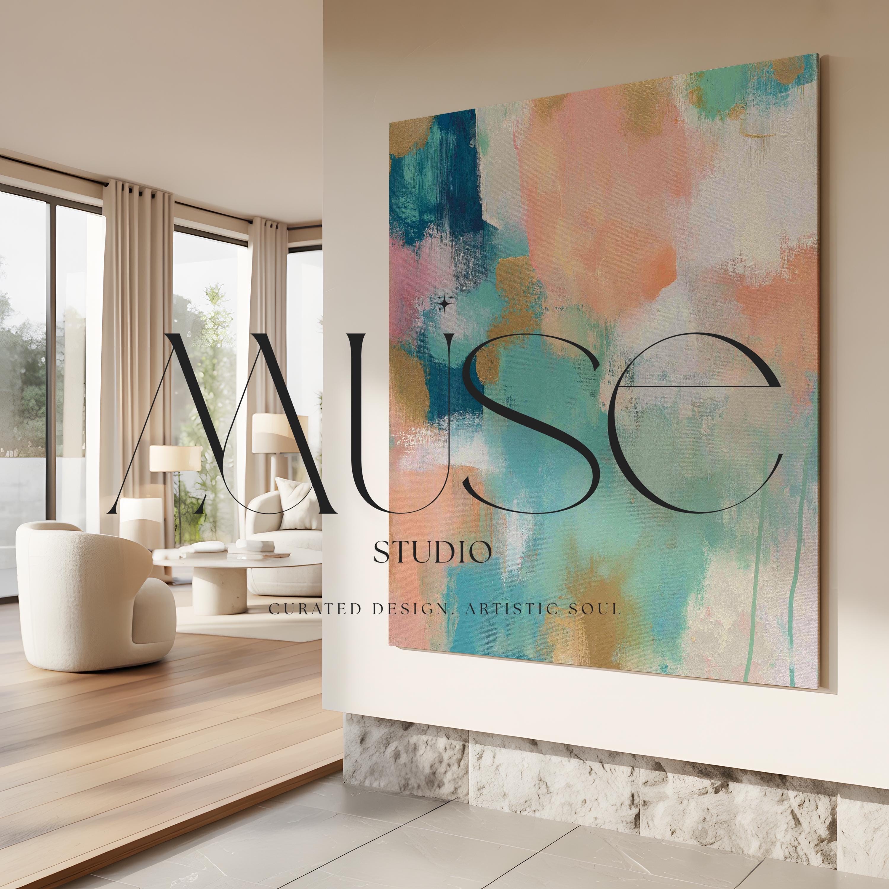 Large square abstract canvas wall art featuring coral, peach, teal, aqua blue, and sand tones with visible brush texture, designed for above couch placement, bringing soft warmth and layered color to a neutral living room or bedroom wall.