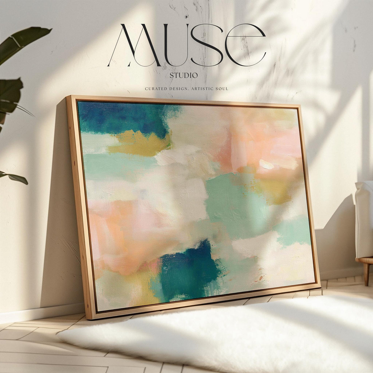 Large horizontal abstract canvas wall art featuring teal blue, mint green, soft peach, and warm sand tones layered over cream, designed for above couch placement, bringing airy color balance and painterly texture to a living room or bedroom wall.