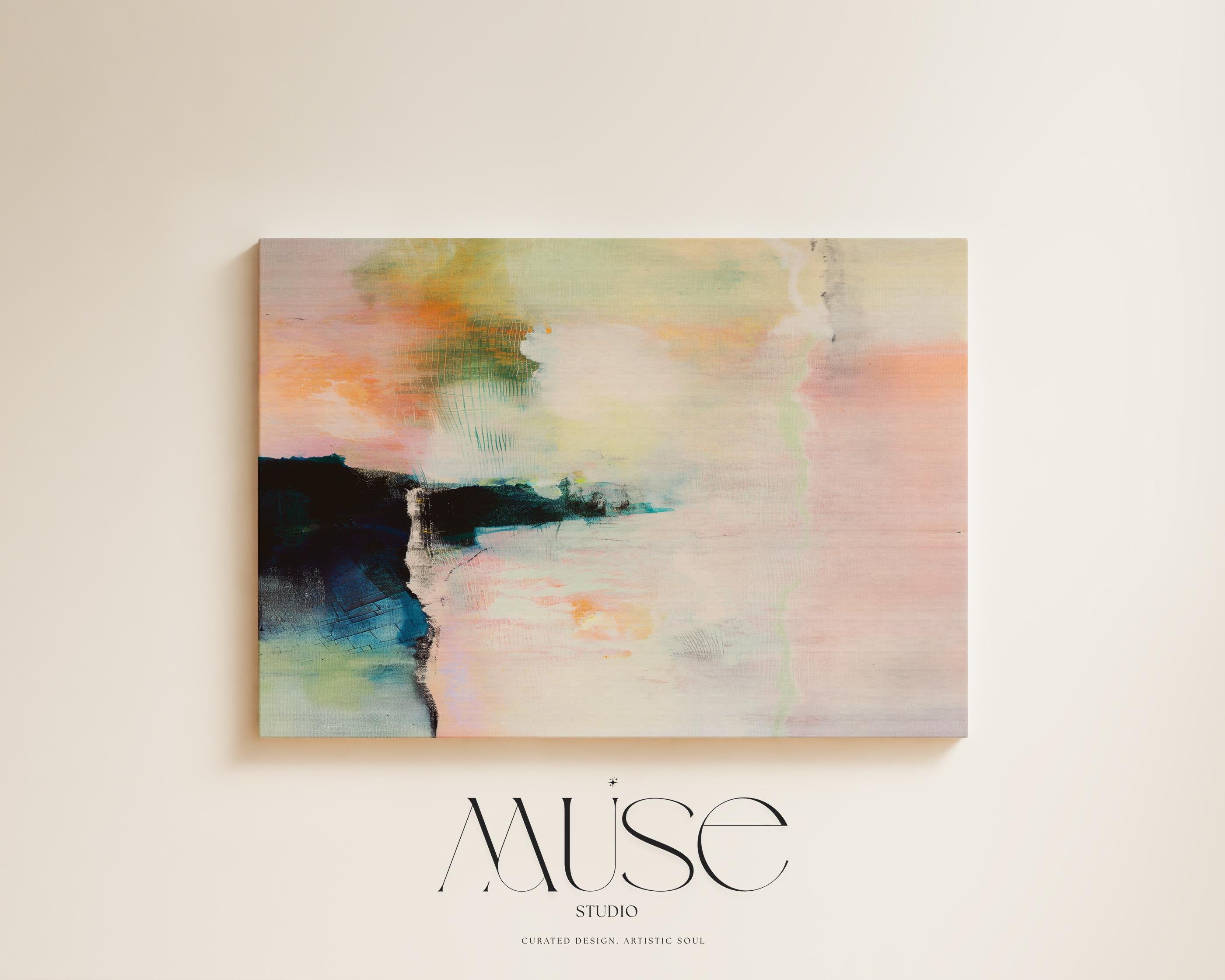 Summer Veil 308 by Muse Studio & Co., large horizontal peach, blush, sage green and navy modern abstract wall art printed on premium gallery-wrapped artist canvas with museum-grade giclée inks, styled for Soft Atmospheric and Organic Transitional living rooms.