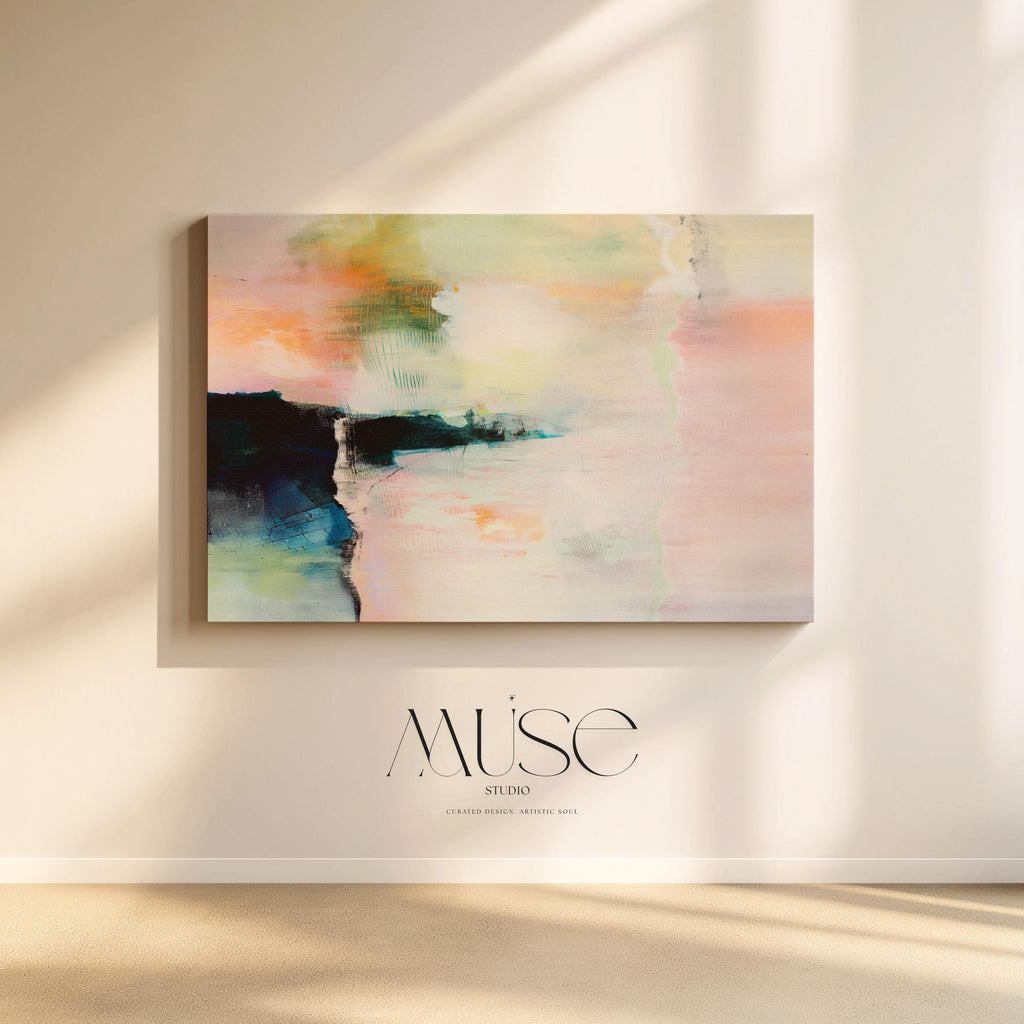 Summer Veil 308 by Muse Studio & Co., large horizontal peach, blush, sage green and navy modern abstract wall art printed on premium gallery-wrapped artist canvas with museum-grade giclée inks, styled for Soft Atmospheric and Organic Transitional living rooms.