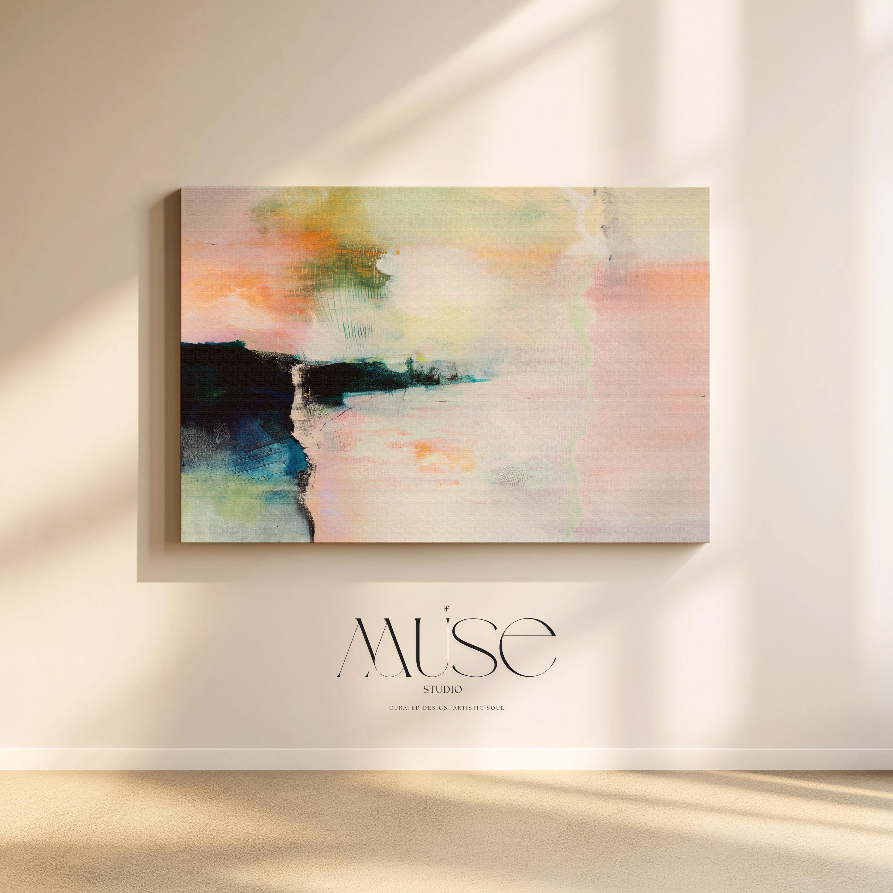 Summer Veil 308 by Muse Studio & Co., large horizontal peach, blush, sage green and navy modern abstract wall art printed on premium gallery-wrapped artist canvas with museum-grade giclée inks, styled for Soft Atmospheric and Organic Transitional living rooms.