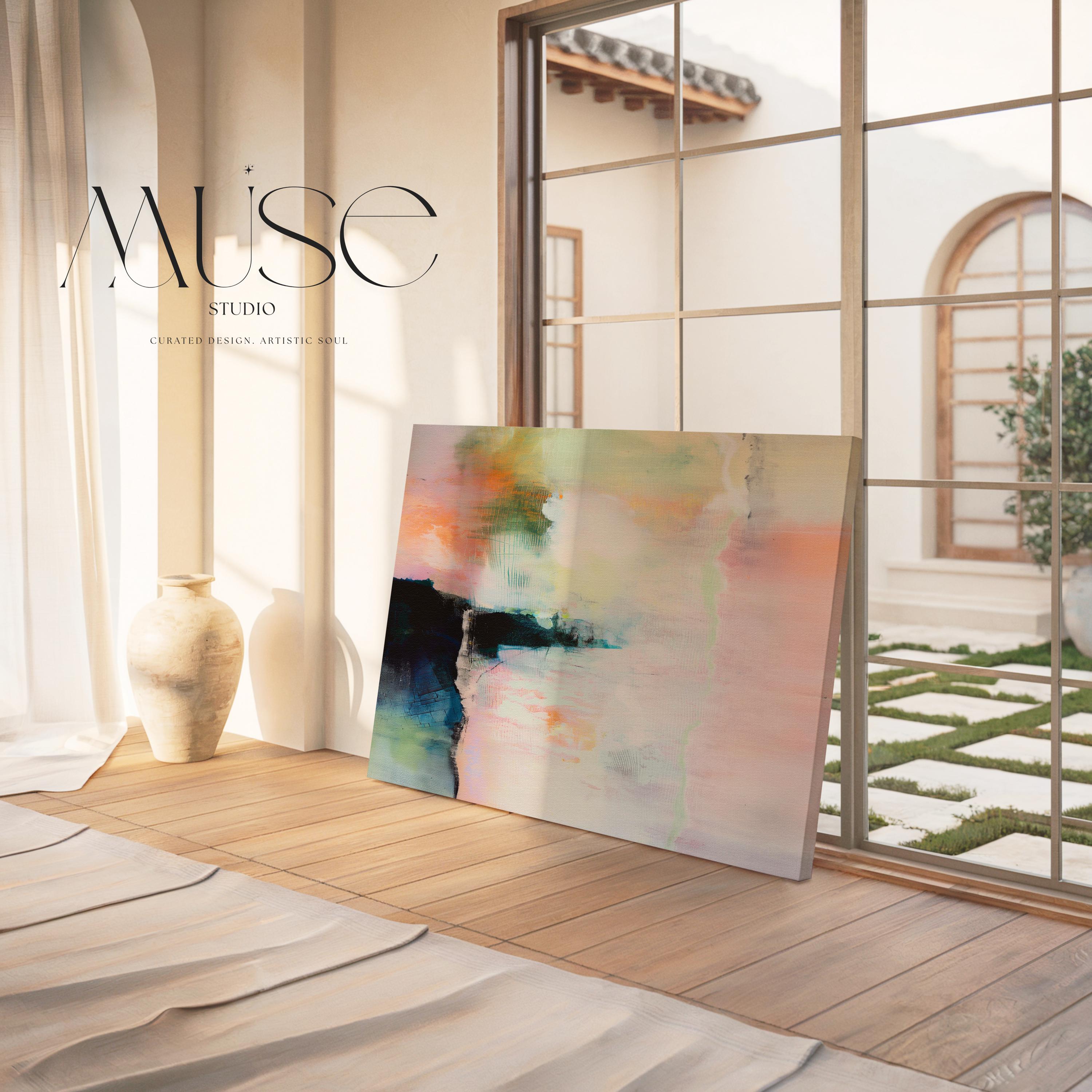 Summer Veil 308 by Muse Studio & Co., large horizontal peach, blush, sage green and navy modern abstract wall art printed on premium gallery-wrapped artist canvas with museum-grade giclée inks, styled for Soft Atmospheric and Organic Transitional living rooms.