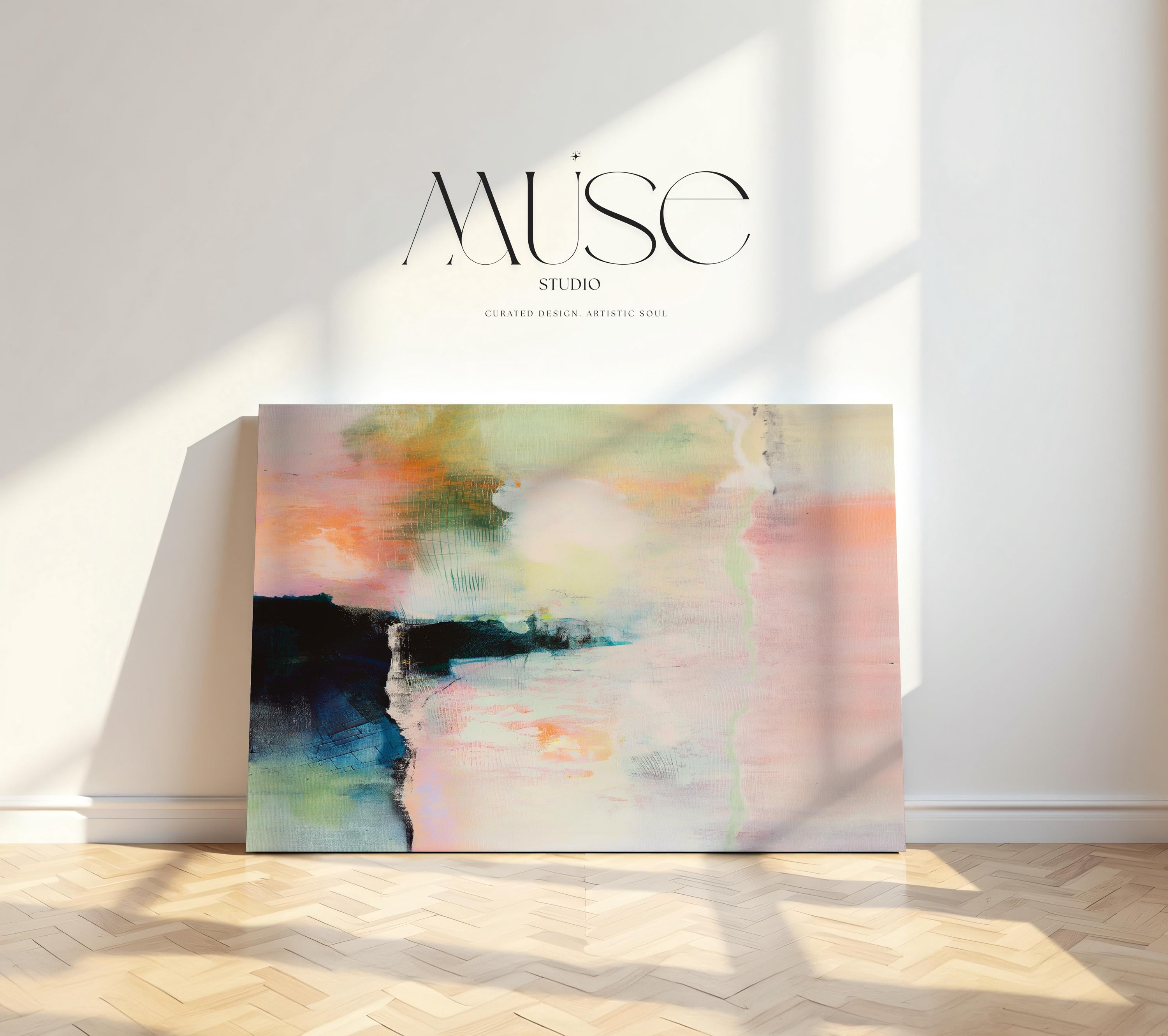 Summer Veil 308 by Muse Studio & Co., large horizontal peach, blush, sage green and navy modern abstract wall art printed on premium gallery-wrapped artist canvas with museum-grade giclée inks, styled for Soft Atmospheric and Organic Transitional living rooms.