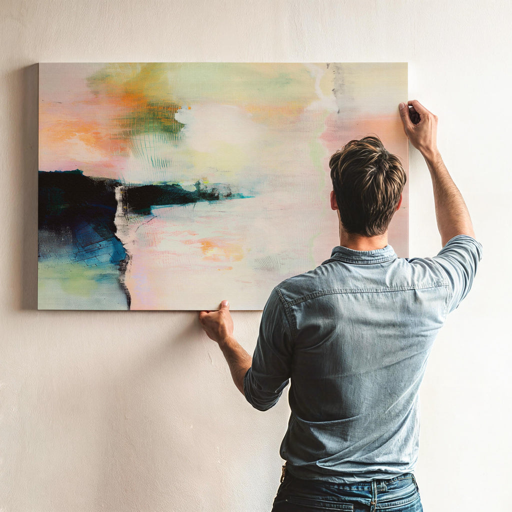 Summer Veil 308 by Muse Studio & Co., large horizontal peach, blush, sage green and navy modern abstract wall art printed on premium gallery-wrapped artist canvas with museum-grade giclée inks, styled for Soft Atmospheric and Organic Transitional living rooms.