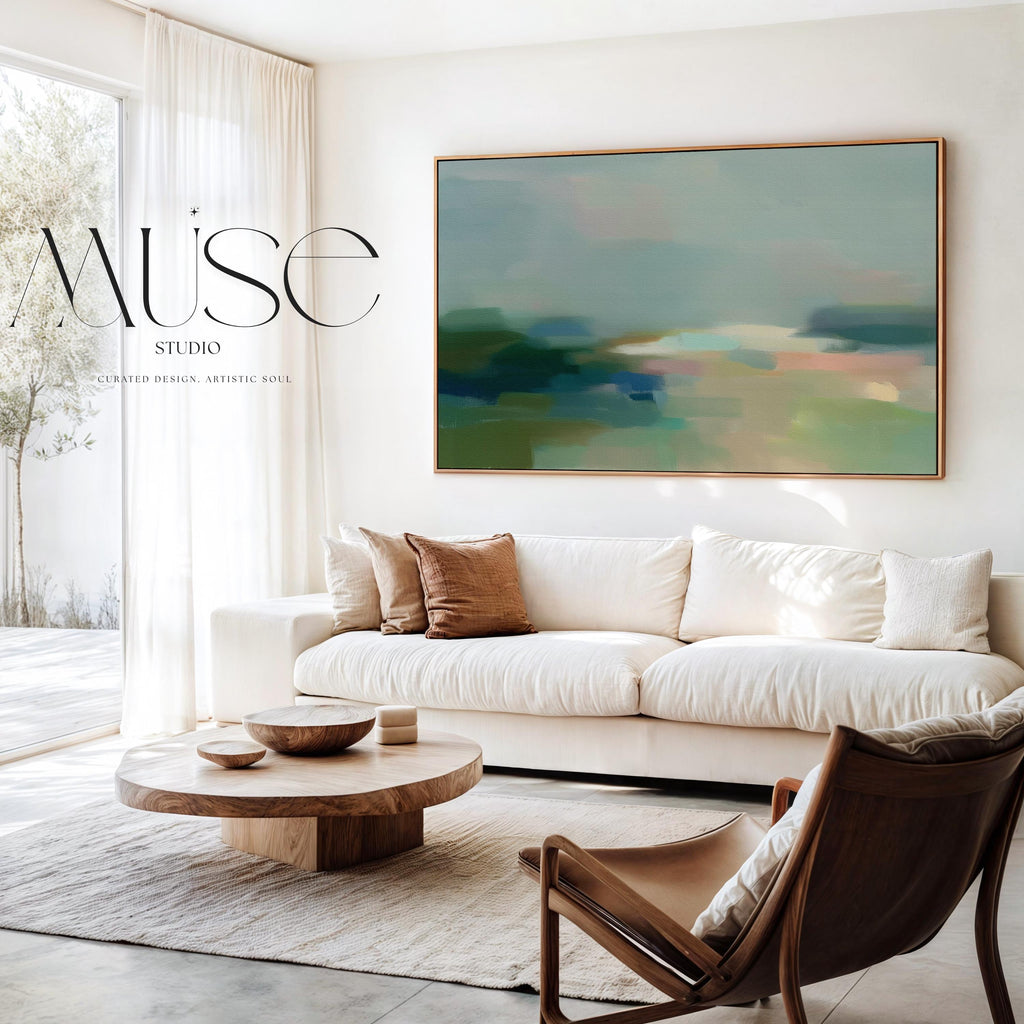 Quiet Tides 1054 by Muse Studio & Co., large horizontal sage green and blue coastal abstract wall art on premium cotton canvas with museum-grade giclée inks, framed in natural wood for Soft Atmospheric bedrooms and Coastal Tonal spaces.