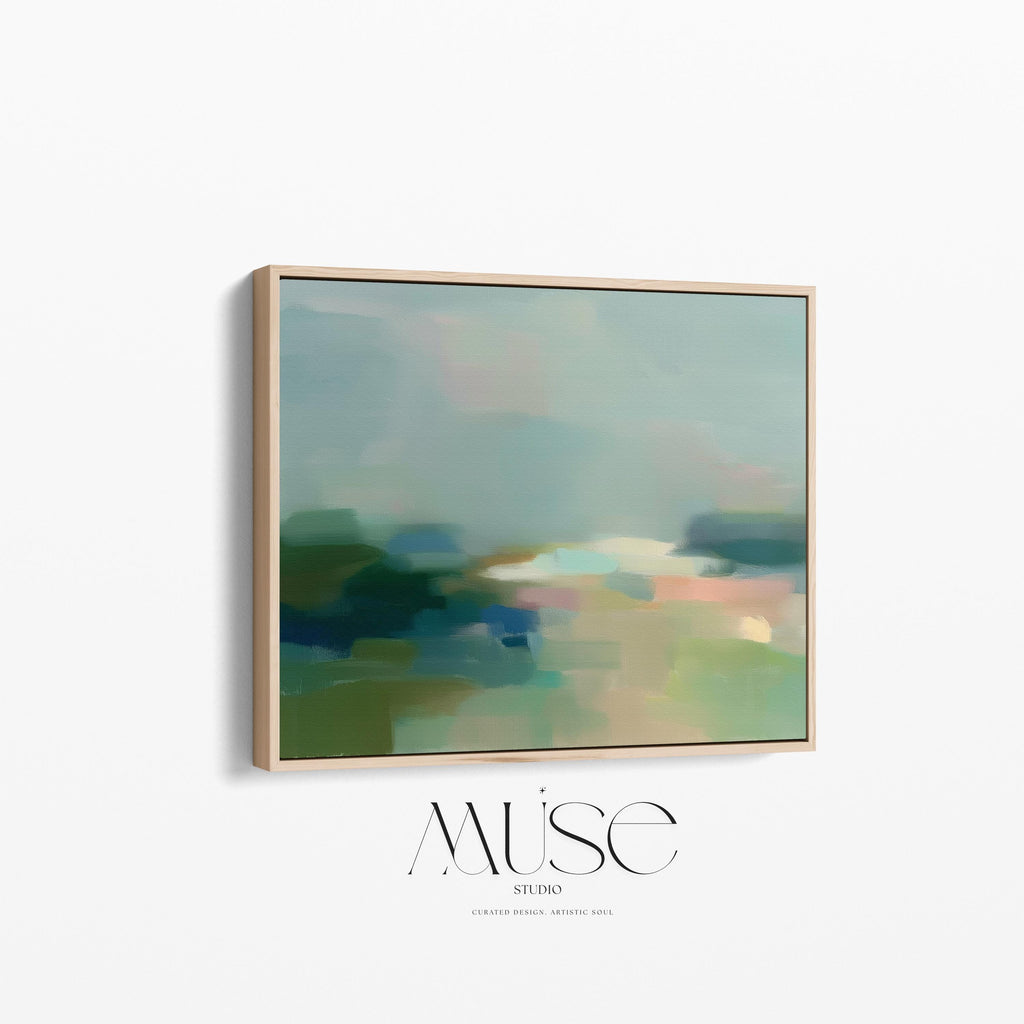 Quiet Tides 1054 by Muse Studio & Co., large horizontal sage green and blue coastal abstract wall art on premium cotton canvas with museum-grade giclée inks, framed in natural wood for Soft Atmospheric bedrooms and Coastal Tonal spaces.