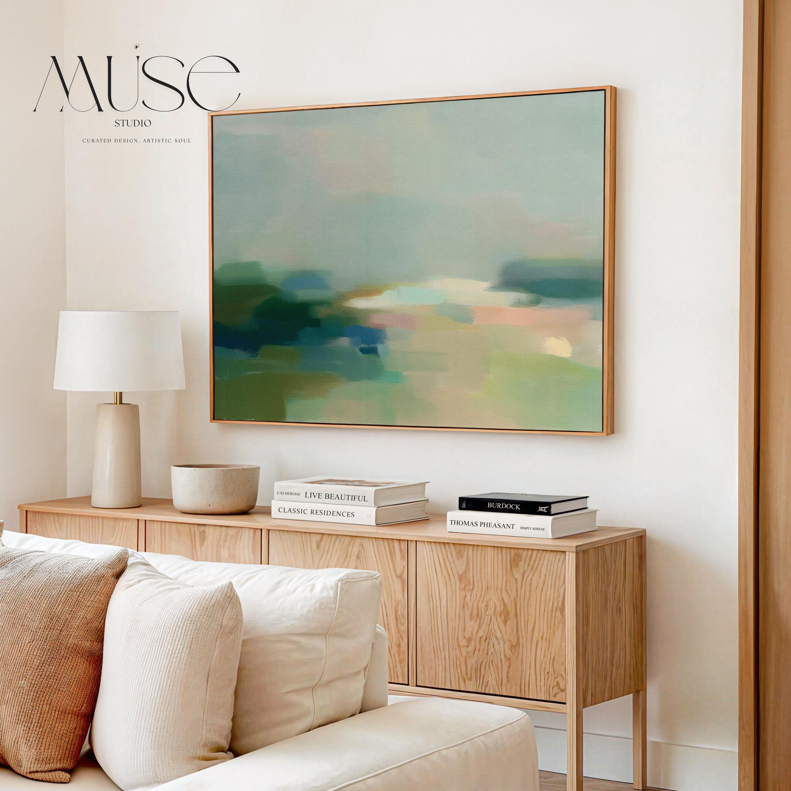 Quiet Tides 1054 by Muse Studio & Co., large horizontal sage green and blue coastal abstract wall art on premium cotton canvas with museum-grade giclée inks, framed in natural wood for Soft Atmospheric bedrooms and Coastal Tonal spaces.