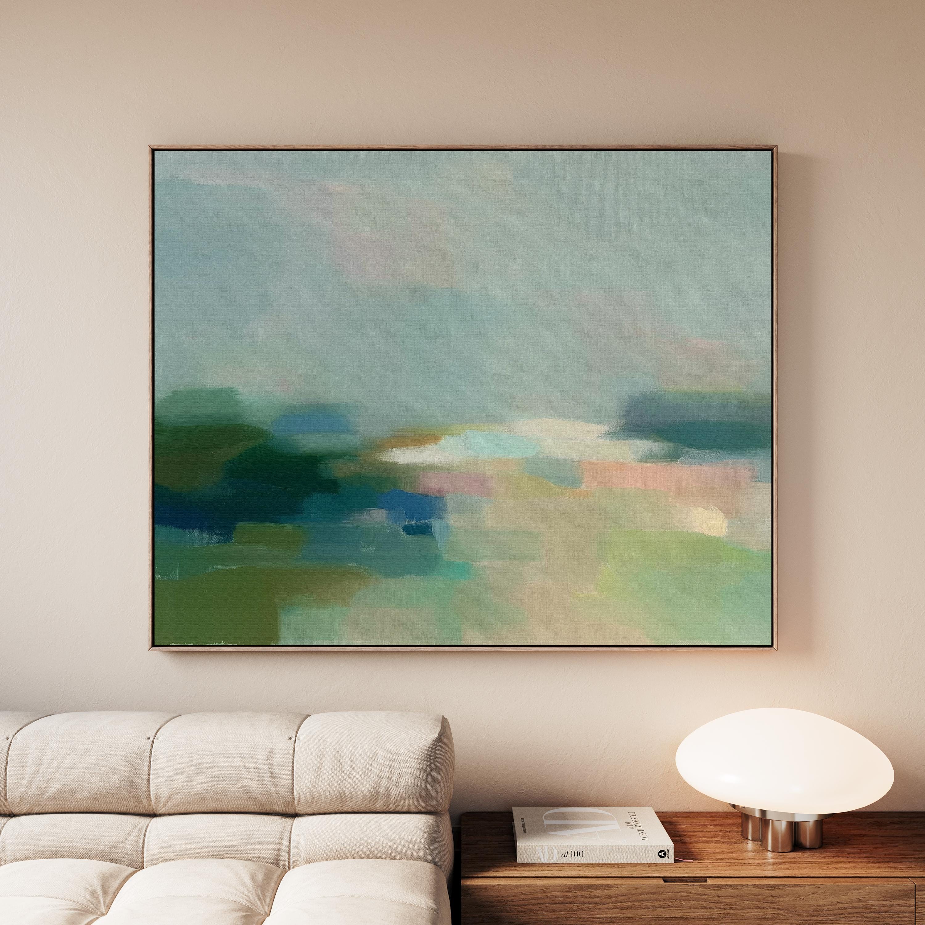 Quiet Tides 1054 by Muse Studio & Co., large horizontal sage green and blue coastal abstract wall art on premium cotton canvas with museum-grade giclée inks, framed in natural wood for Soft Atmospheric bedrooms and Coastal Tonal spaces.