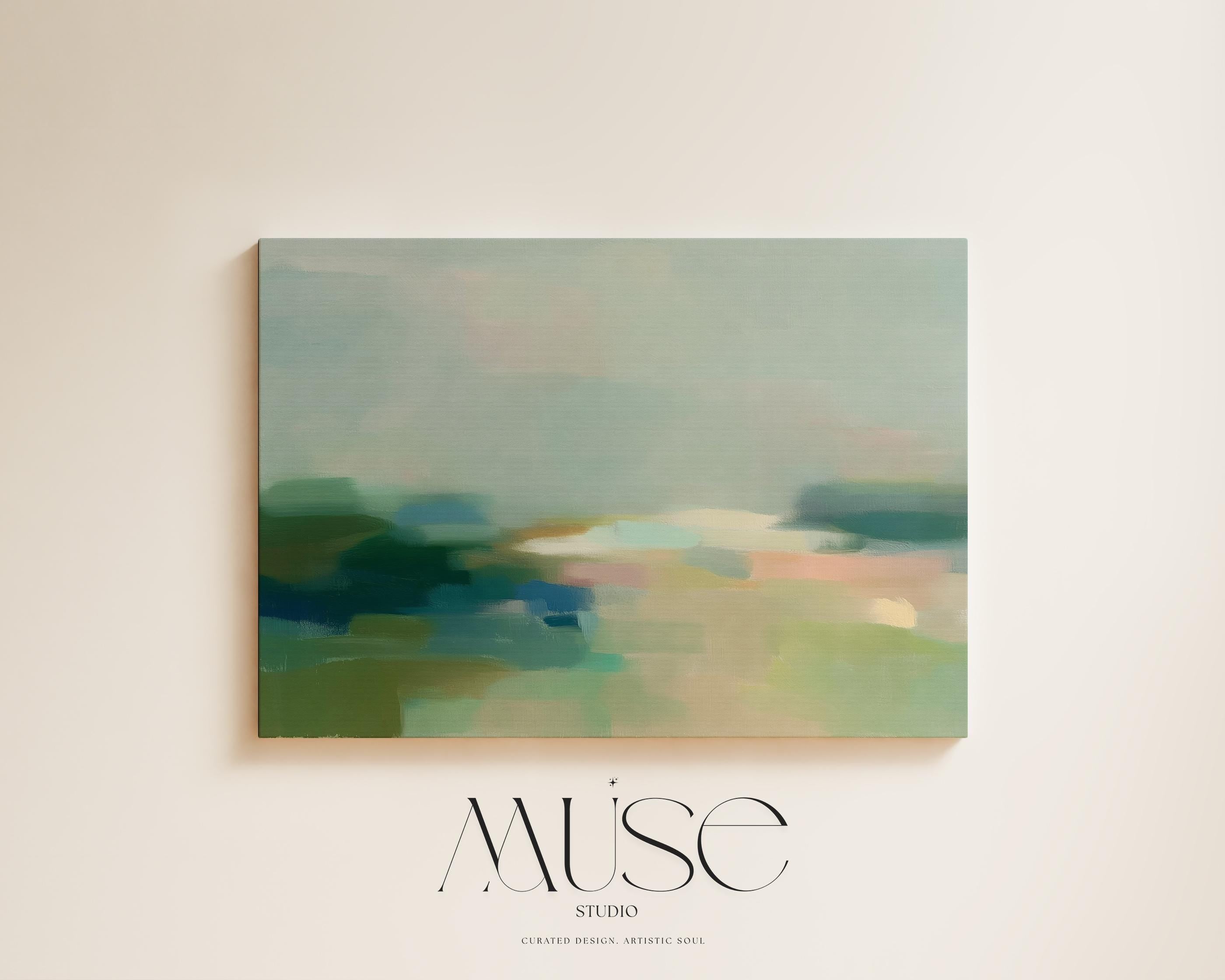 Quiet Tides 1054 by Muse Studio & Co., large horizontal sage green, seafoam and misty blue coastal abstract wall art printed on premium gallery-wrapped cotton canvas with museum-grade giclée inks, styled for Soft Atmospheric living rooms and Coastal Tonal interiors.