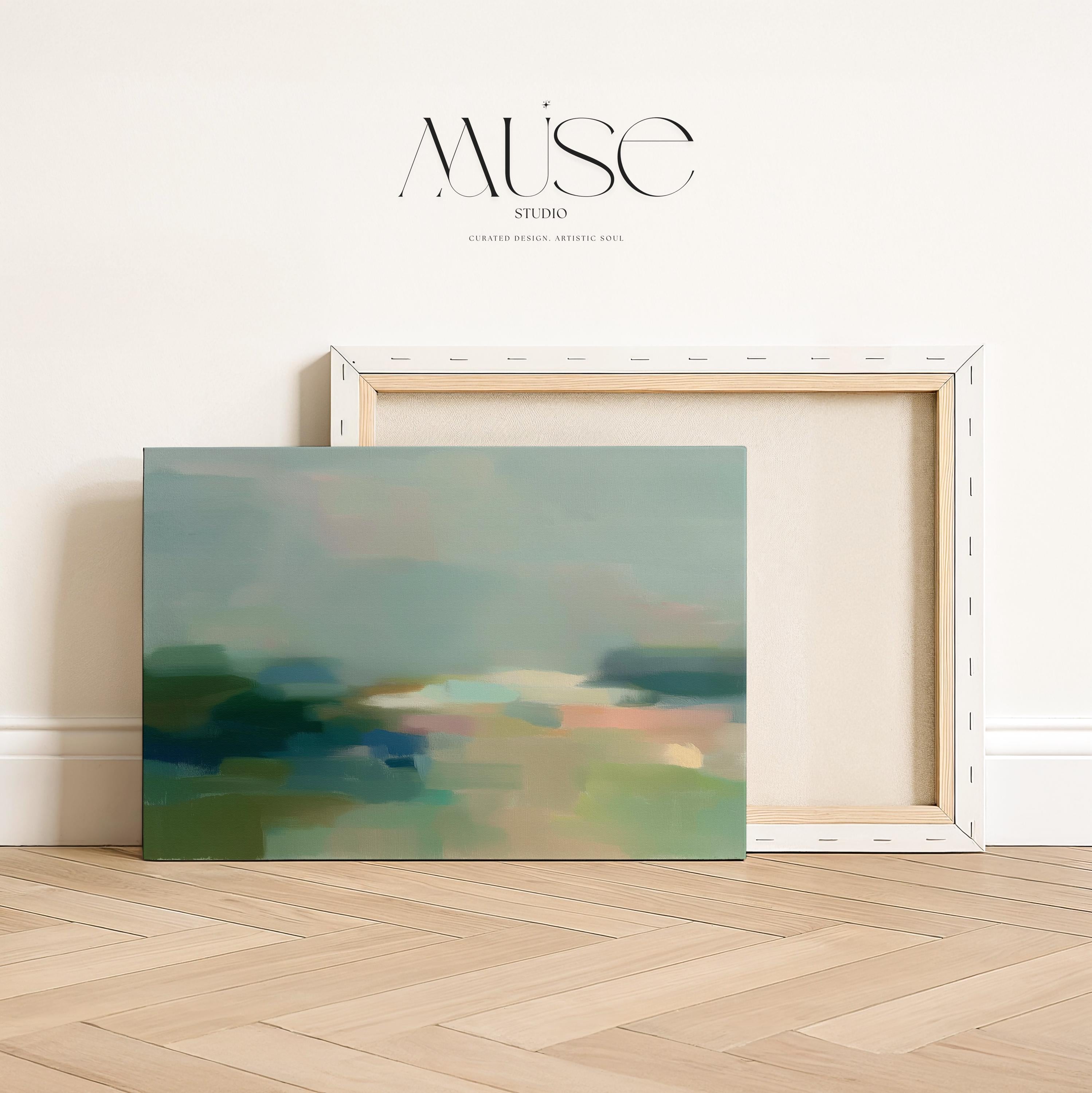Quiet Tides 1054 by Muse Studio & Co., large horizontal sage green, seafoam and misty blue coastal abstract wall art printed on premium gallery-wrapped cotton canvas with museum-grade giclée inks, styled for Soft Atmospheric living rooms and Coastal Tonal interiors.