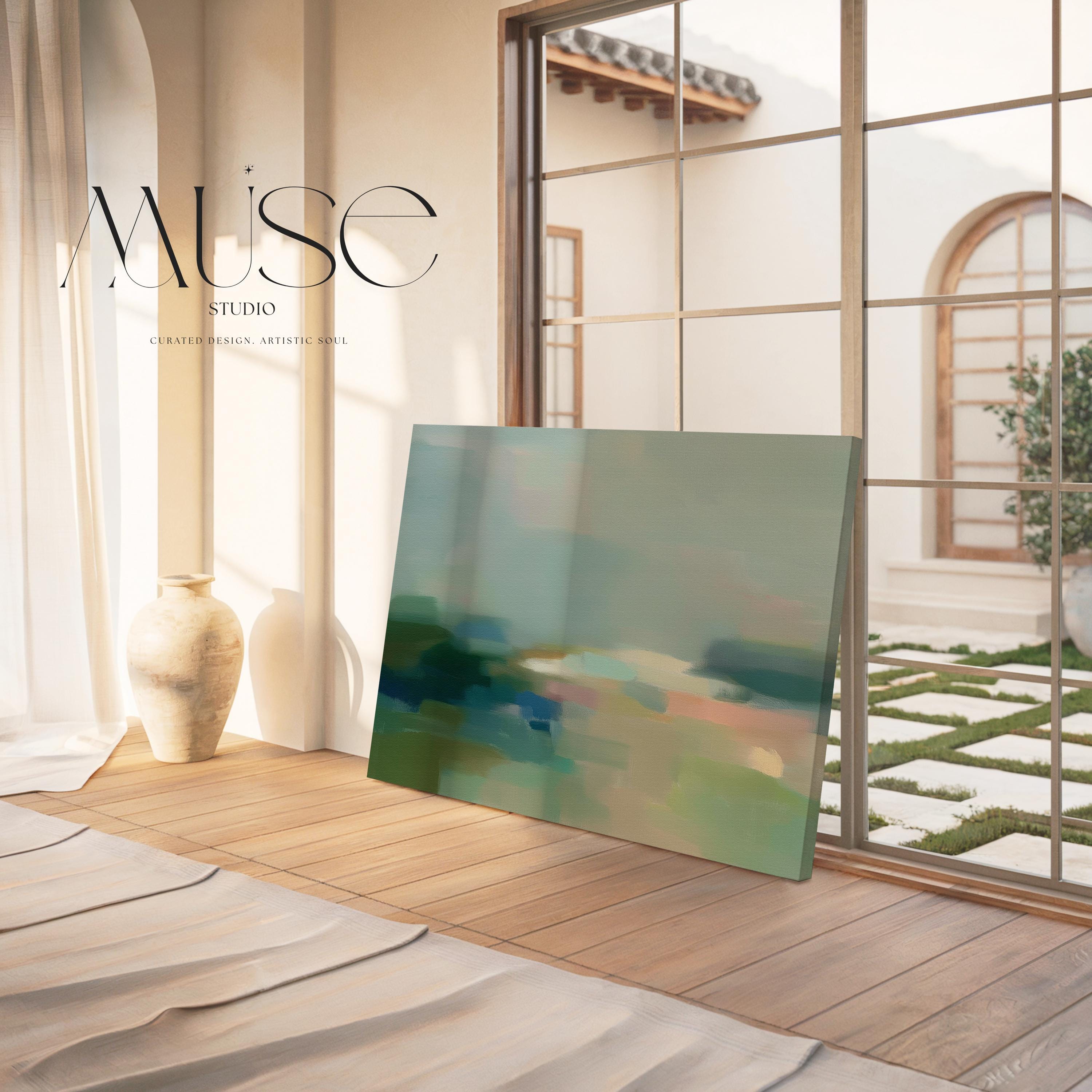 Quiet Tides 1054 by Muse Studio & Co., large horizontal sage green, seafoam and misty blue coastal abstract wall art printed on premium gallery-wrapped cotton canvas with museum-grade giclée inks, styled for Soft Atmospheric living rooms and Coastal Tonal interiors.