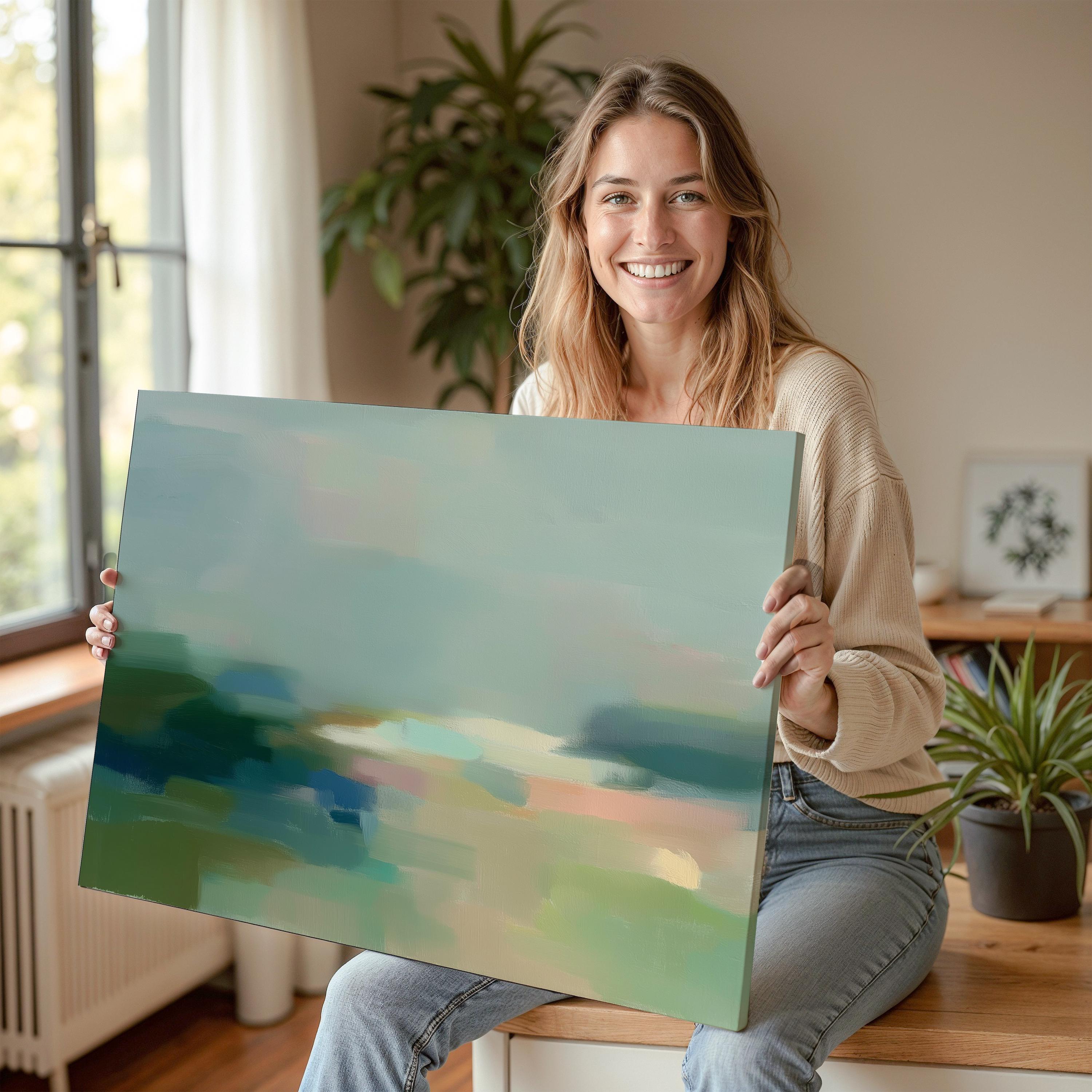 Quiet Tides 1054 by Muse Studio & Co., large horizontal sage green, seafoam and misty blue coastal abstract wall art printed on premium gallery-wrapped cotton canvas with museum-grade giclée inks, styled for Soft Atmospheric living rooms and Coastal Tonal interiors.