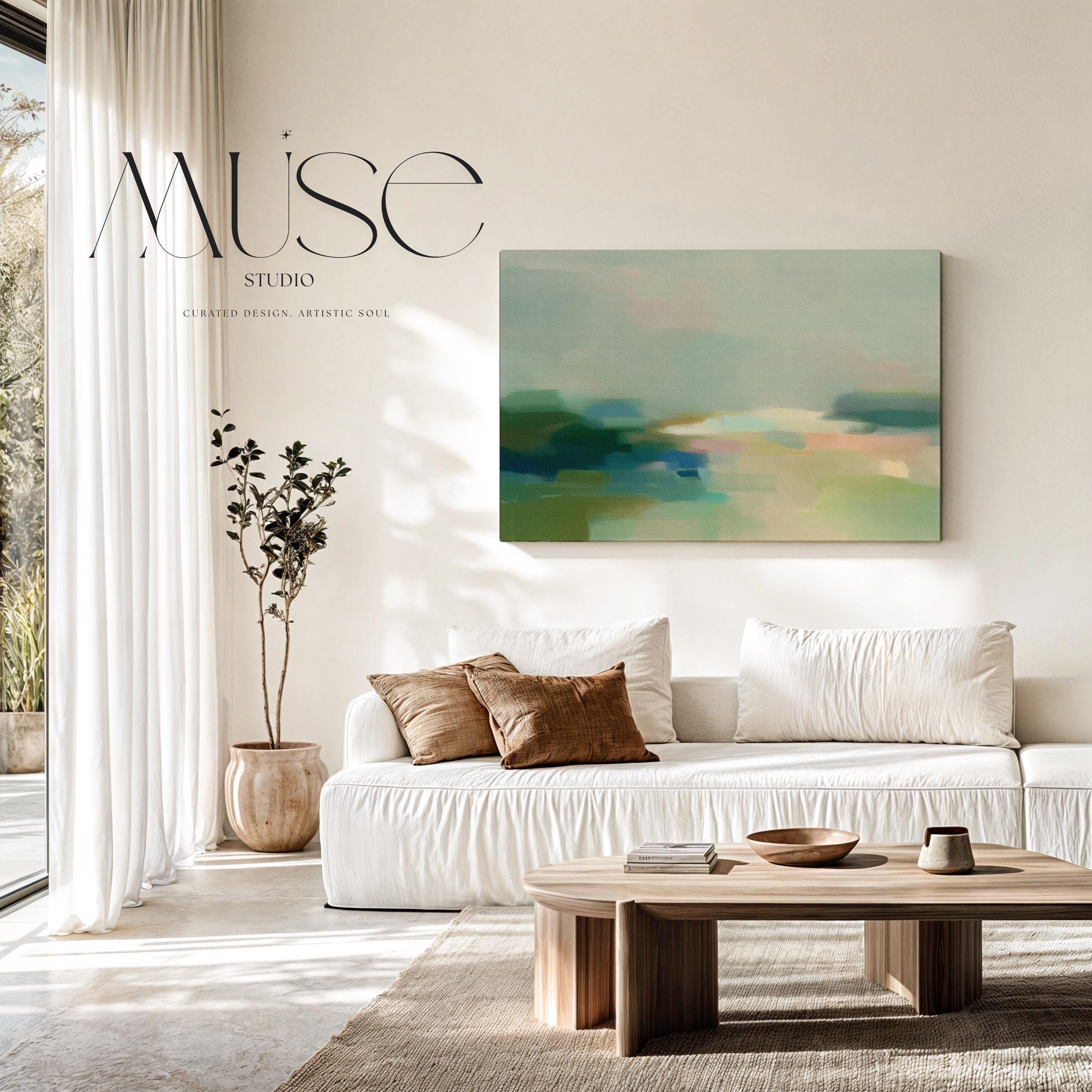 Quiet Tides 1054 by Muse Studio & Co., large horizontal sage green, seafoam and misty blue coastal abstract wall art printed on premium gallery-wrapped cotton canvas with museum-grade giclée inks, styled for Soft Atmospheric living rooms and Coastal Tonal interiors.