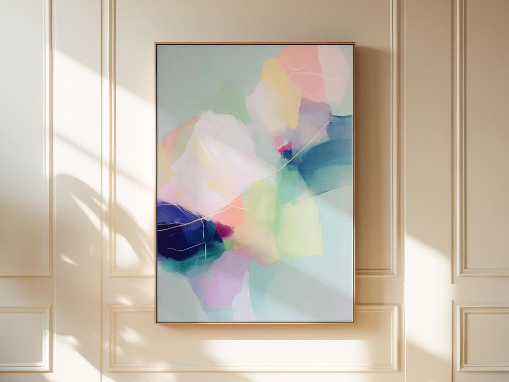 Petal Whisper 1050 by Muse Studio & Co., large vertical pastel floral abstract wall art in blush, yellow, mint and blue on premium cotton canvas with museum-grade giclée inks, framed in natural wood for Soft Atmospheric living rooms and Romantic Botanical spaces.