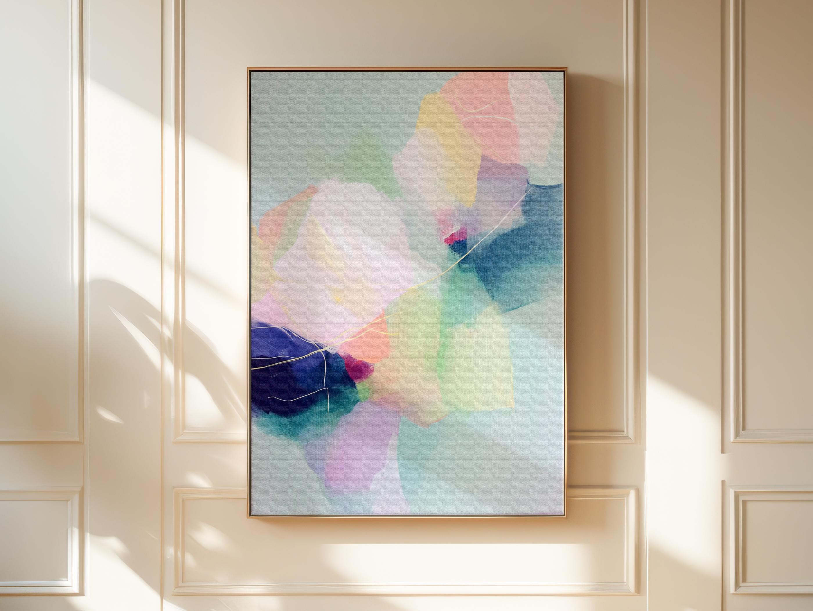 Petal Whisper 1050 by Muse Studio & Co., large vertical pastel floral abstract wall art in blush, yellow, mint and blue on premium cotton canvas with museum-grade giclée inks, framed in natural wood for Soft Atmospheric living rooms and Romantic Botanical spaces.