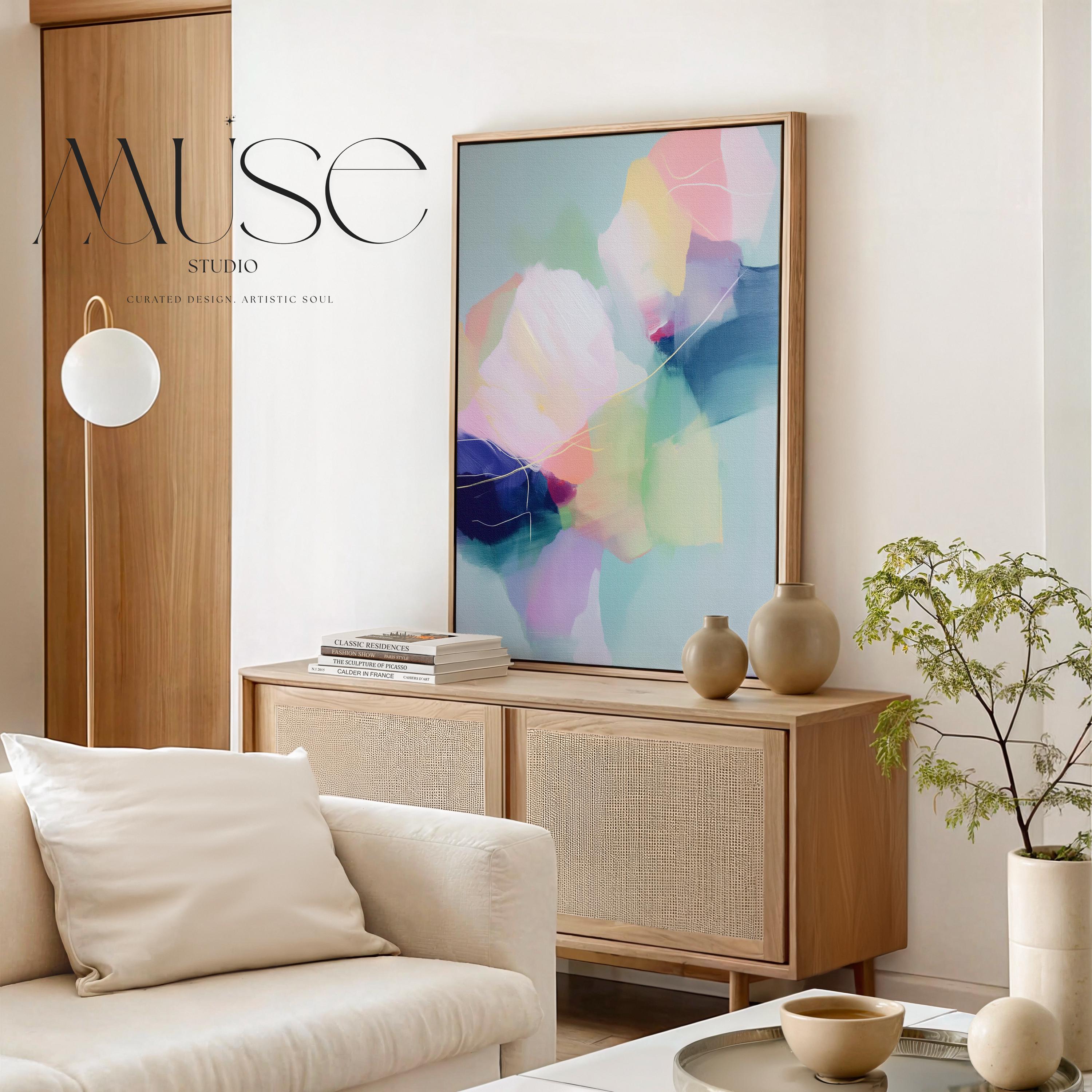 Petal Whisper 1050 by Muse Studio & Co., large vertical pastel floral abstract wall art in blush, yellow, mint and blue on premium cotton canvas with museum-grade giclée inks, framed in natural wood for Soft Atmospheric living rooms and Romantic Botanical spaces.