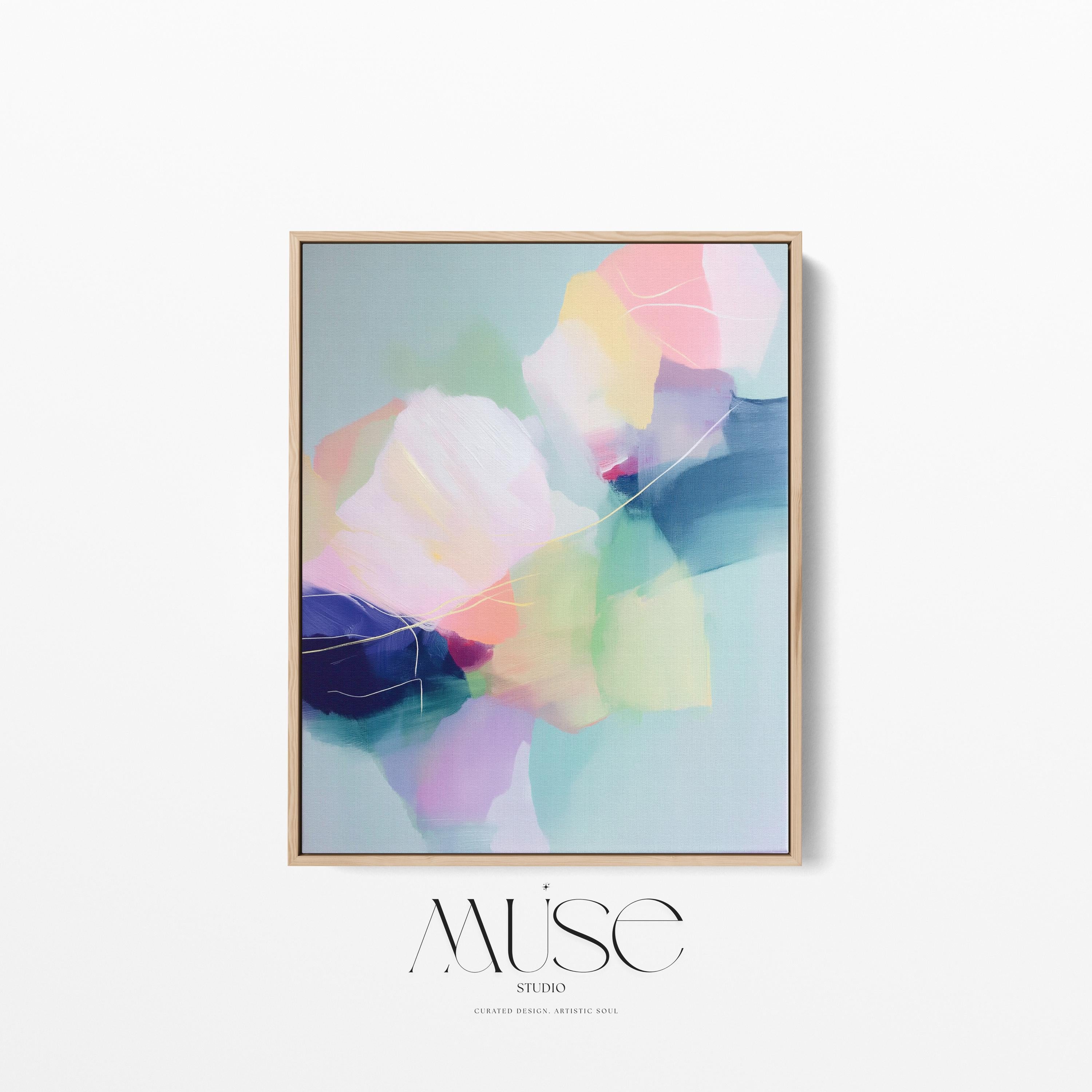 Petal Whisper 1050 by Muse Studio & Co., large vertical pastel floral abstract wall art in blush, yellow, mint and blue on premium cotton canvas with museum-grade giclée inks, framed in natural wood for Soft Atmospheric living rooms and Romantic Botanical spaces.