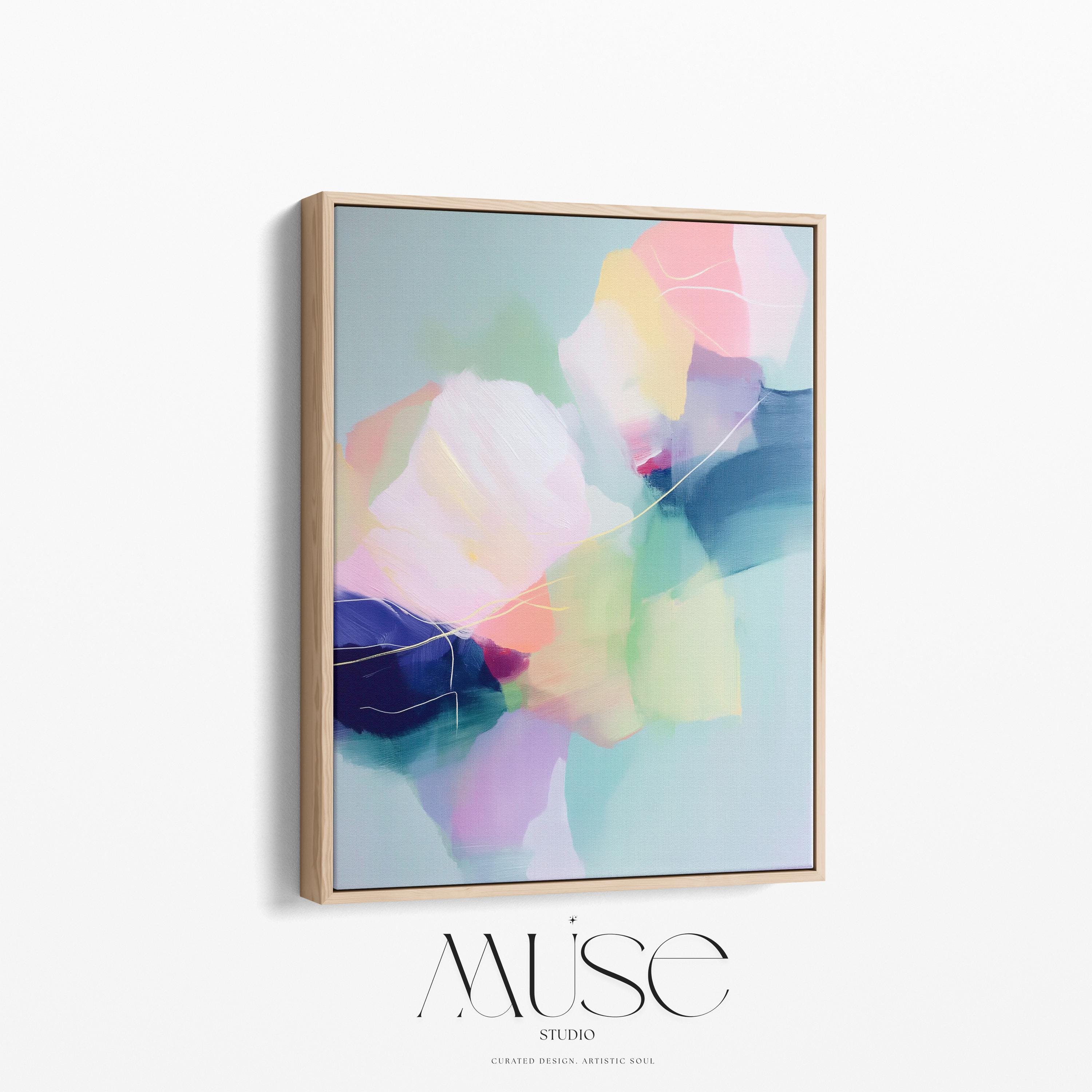 Petal Whisper 1050 by Muse Studio & Co., large vertical pastel floral abstract wall art in blush, yellow, mint and blue on premium cotton canvas with museum-grade giclée inks, framed in natural wood for Soft Atmospheric living rooms and Romantic Botanical spaces.