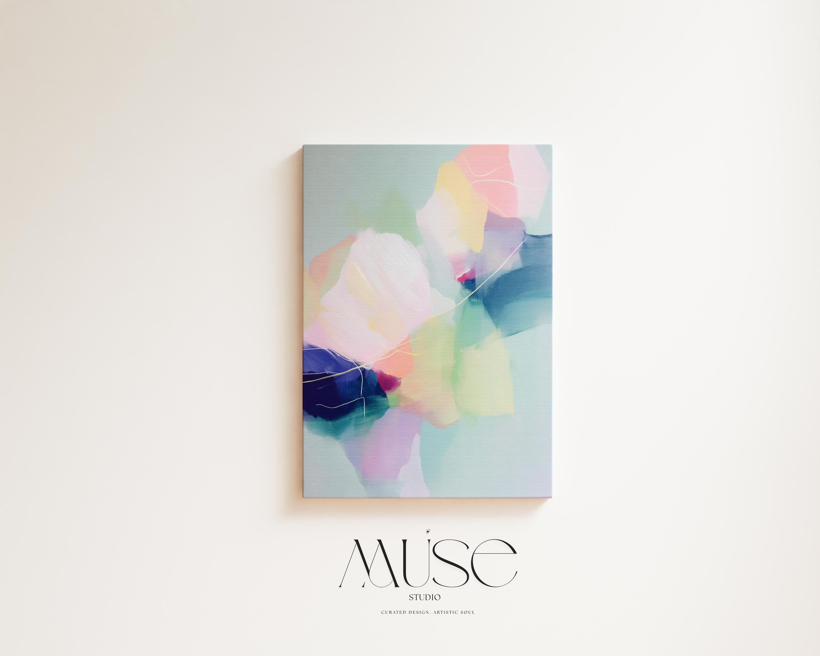 Petal Whisper 1050 by Muse Studio & Co., large vertical blush pink, mint green, lavender and aqua floral abstract canvas wall art printed on premium gallery-wrapped cotton canvas with museum-grade giclée inks, styled for Soft Atmospheric bedrooms and Romantic Botanical interiors.