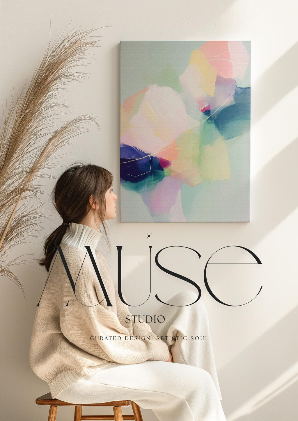 Petal Whisper 1050 by Muse Studio & Co., large vertical blush pink, mint green, lavender and aqua floral abstract canvas wall art printed on premium gallery-wrapped cotton canvas with museum-grade giclée inks, styled for Soft Atmospheric bedrooms and Romantic Botanical interiors.