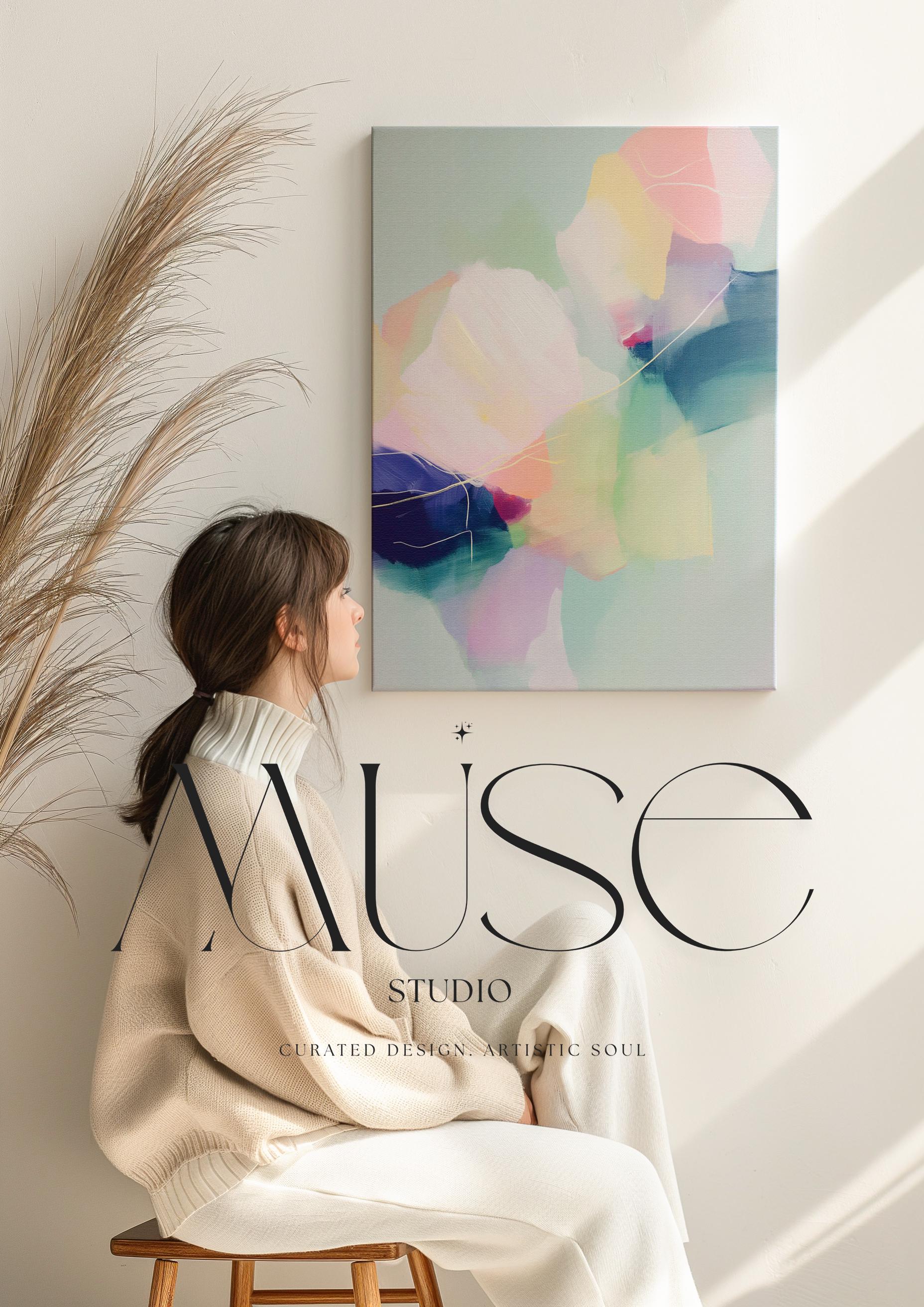 Petal Whisper 1050 by Muse Studio & Co., large vertical blush pink, mint green, lavender and aqua floral abstract canvas wall art printed on premium gallery-wrapped cotton canvas with museum-grade giclée inks, styled for Soft Atmospheric bedrooms and Romantic Botanical interiors.