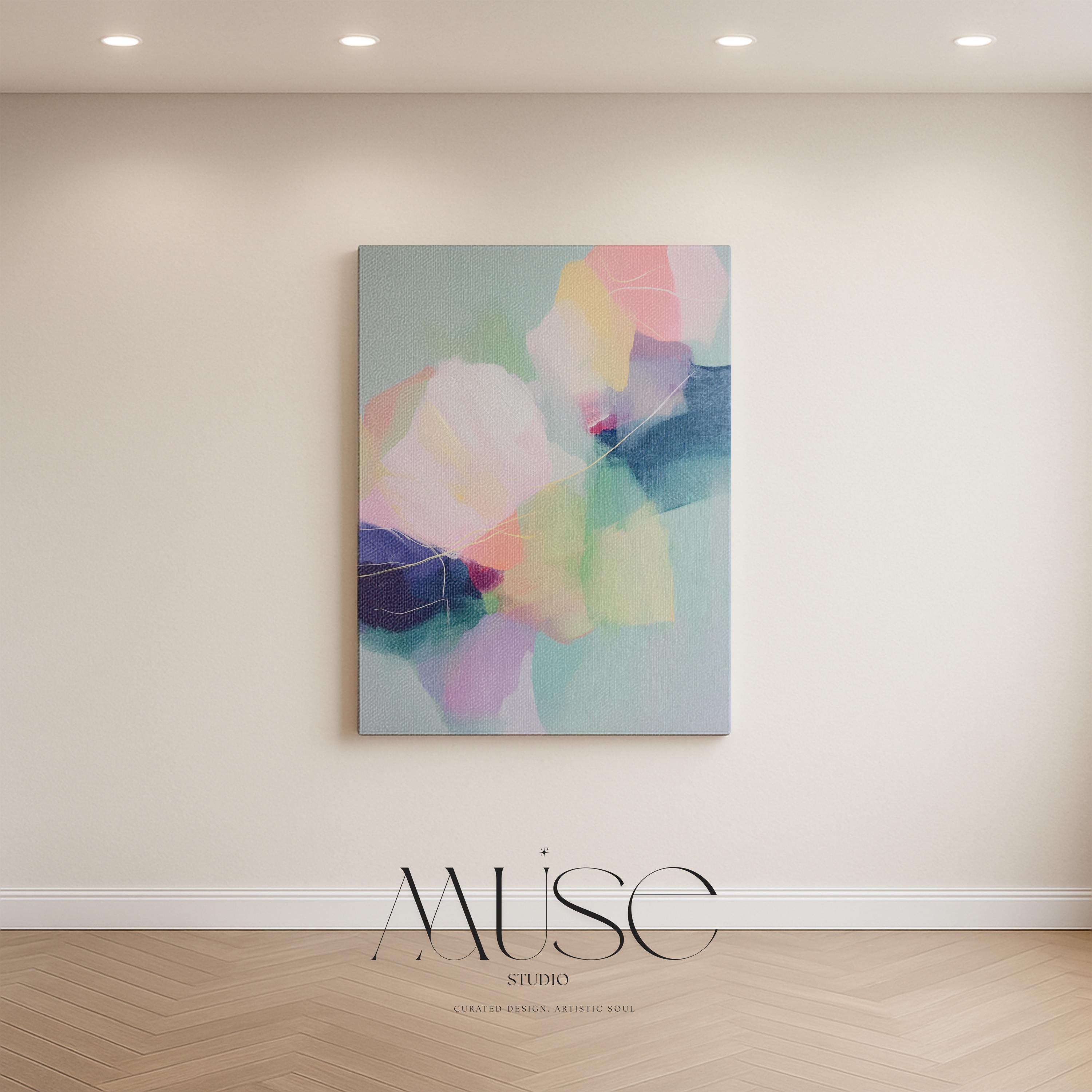 Petal Whisper 1050 by Muse Studio & Co., large vertical blush pink, mint green, lavender and aqua floral abstract canvas wall art printed on premium gallery-wrapped cotton canvas with museum-grade giclée inks, styled for Soft Atmospheric bedrooms and Romantic Botanical interiors.