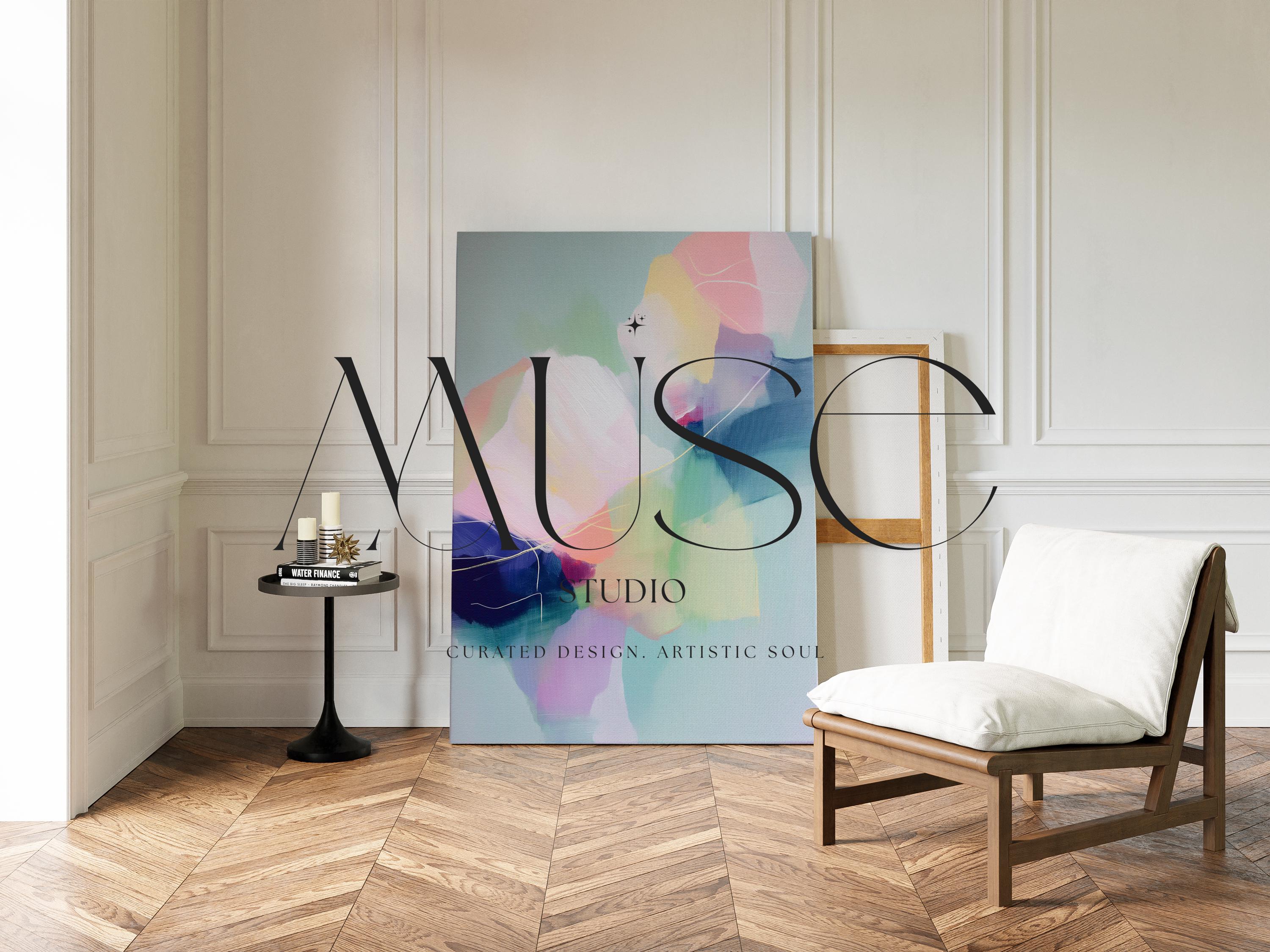 Petal Whisper 1050 by Muse Studio & Co., large vertical blush pink, mint green, lavender and aqua floral abstract canvas wall art printed on premium gallery-wrapped cotton canvas with museum-grade giclée inks, styled for Soft Atmospheric bedrooms and Romantic Botanical interiors.