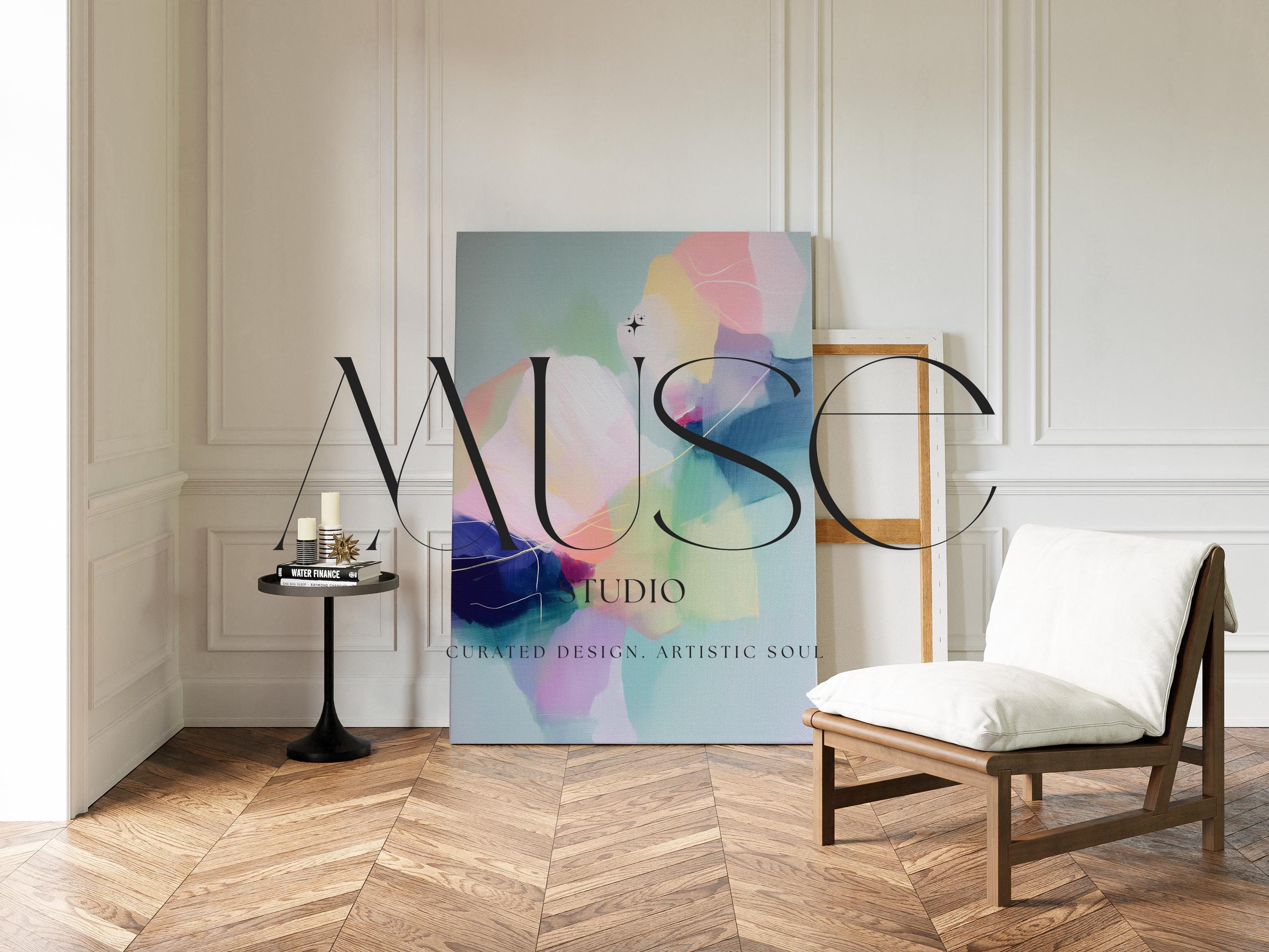 Petal Whisper 1050 by Muse Studio & Co., large vertical blush pink, mint green, lavender and aqua floral abstract canvas wall art printed on premium gallery-wrapped cotton canvas with museum-grade giclée inks, styled for Soft Atmospheric bedrooms and Romantic Botanical interiors.