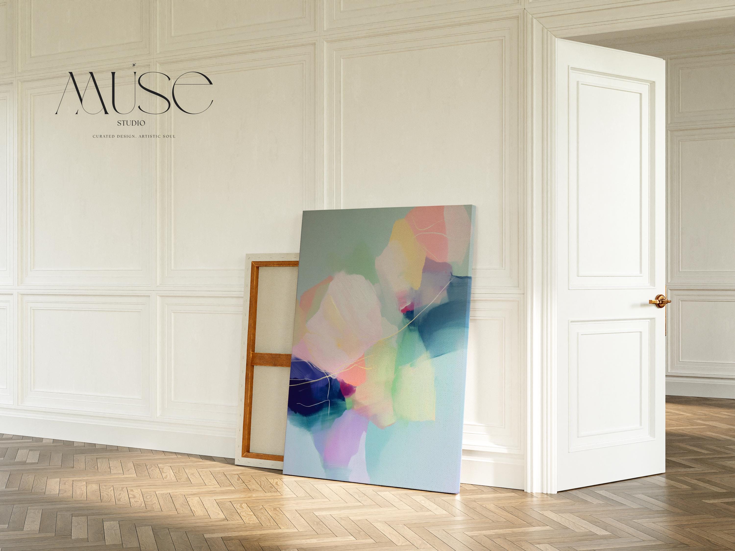 Petal Whisper 1050 by Muse Studio & Co., large vertical blush pink, mint green, lavender and aqua floral abstract canvas wall art printed on premium gallery-wrapped cotton canvas with museum-grade giclée inks, styled for Soft Atmospheric bedrooms and Romantic Botanical interiors.