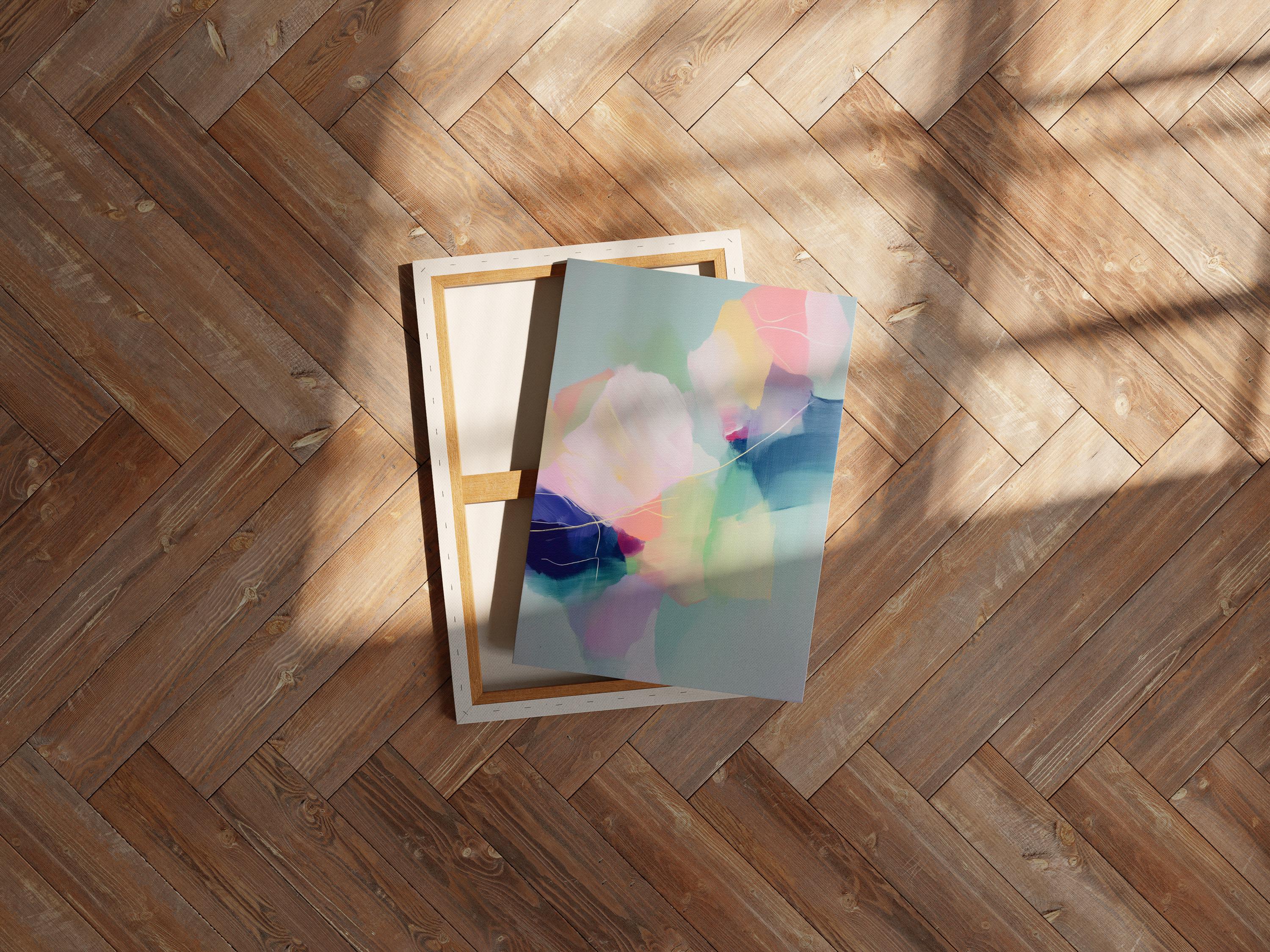 Petal Whisper 1050 by Muse Studio & Co., large vertical blush pink, mint green, lavender and aqua floral abstract canvas wall art printed on premium gallery-wrapped cotton canvas with museum-grade giclée inks, styled for Soft Atmospheric bedrooms and Romantic Botanical interiors.