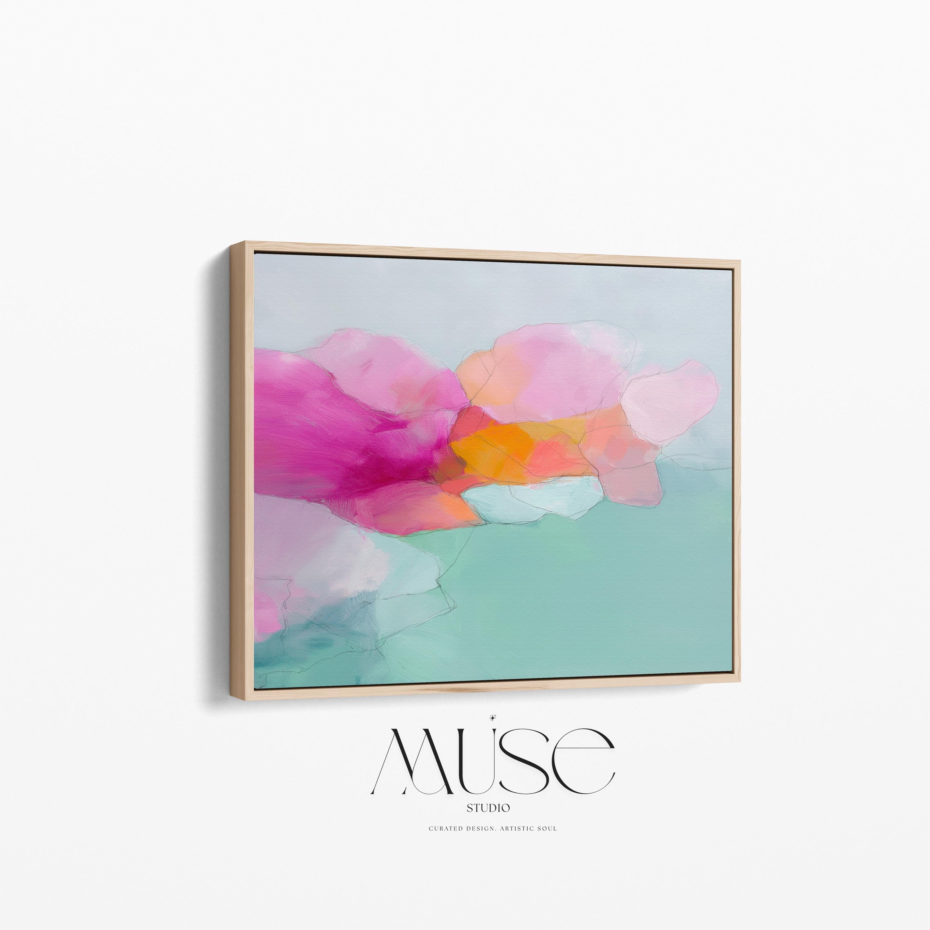 Blush Current 1053 by Muse Studio & Co., large horizontal pink, coral and teal floral abstract wall art on premium cotton canvas with museum-grade giclée inks, framed in natural wood for Soft Atmospheric living rooms and Romantic Botanical spaces.