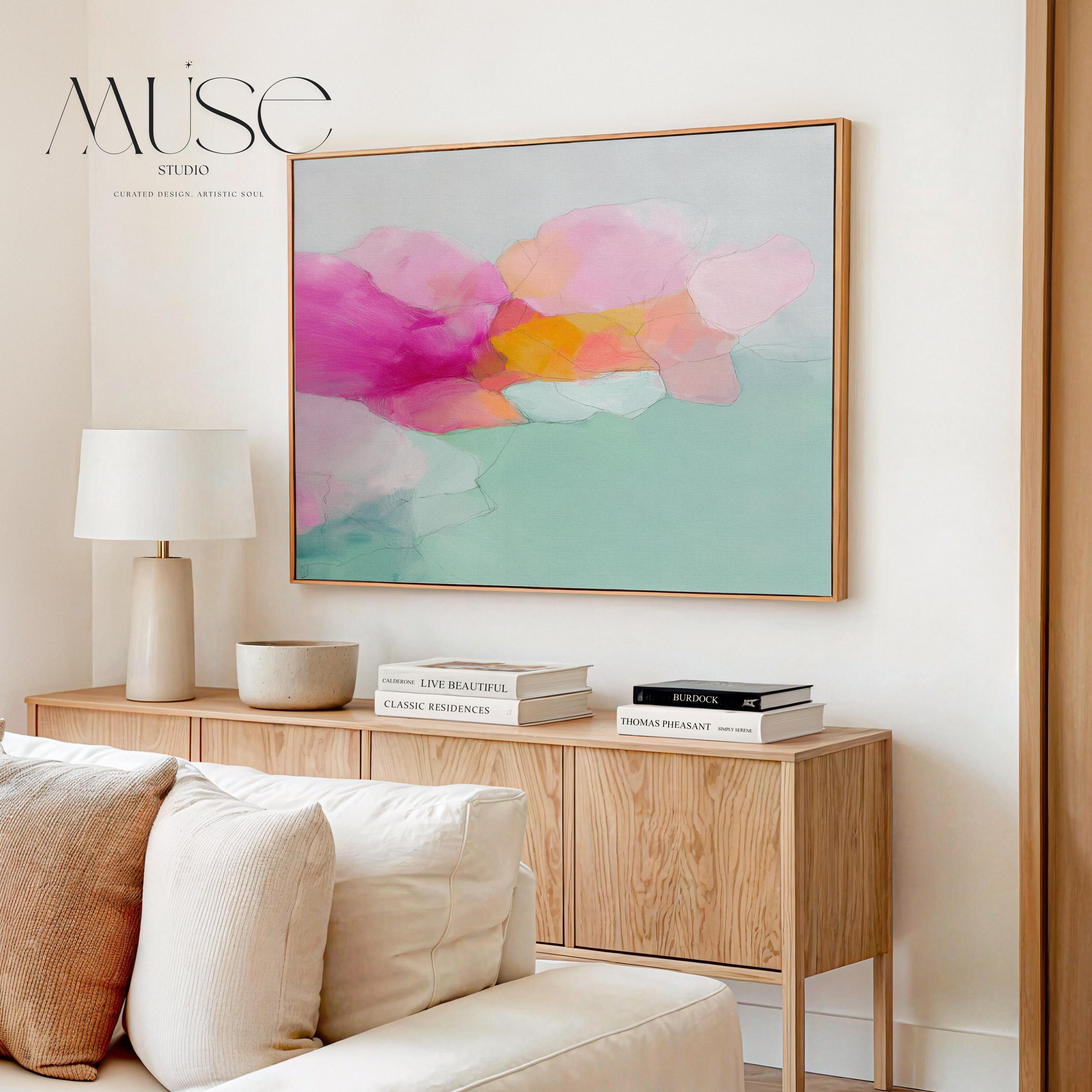 Blush Current 1053 by Muse Studio & Co., large horizontal pink, coral and teal floral abstract wall art on premium cotton canvas with museum-grade giclée inks, framed in natural wood for Soft Atmospheric living rooms and Romantic Botanical spaces.