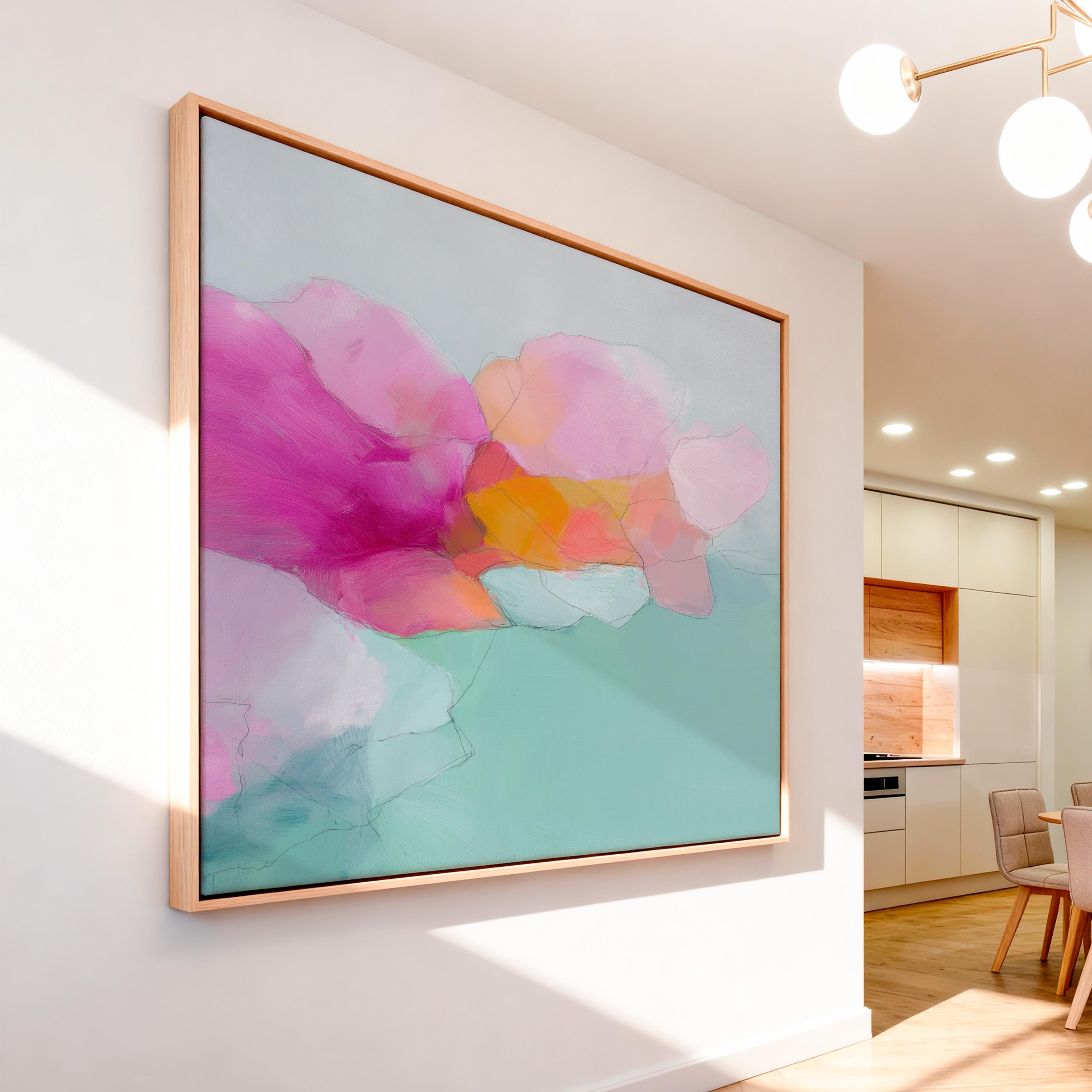 Blush Current 1053 by Muse Studio & Co., large horizontal pink, coral and teal floral abstract wall art on premium cotton canvas with museum-grade giclée inks, framed in natural wood for Soft Atmospheric living rooms and Romantic Botanical spaces.