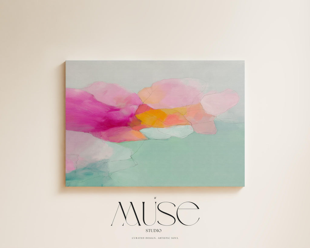 Blush Current 1053 by Muse Studio & Co., large horizontal pink, coral, teal and aqua floral abstract canvas wall art printed on premium gallery-wrapped cotton canvas with museum-grade giclée inks, styled for Soft Atmospheric bedrooms and Romantic Botanical interiors.