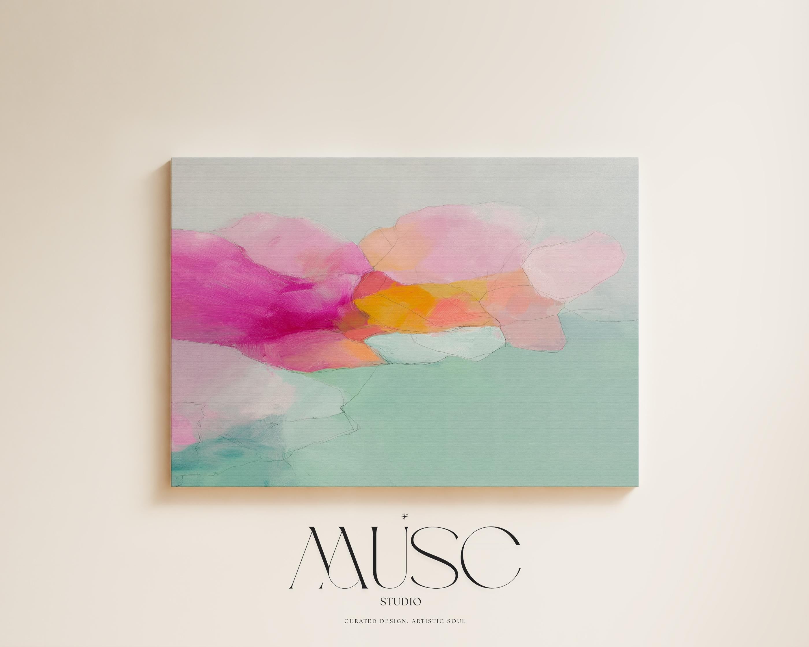 Blush Current 1053 by Muse Studio & Co., large horizontal pink, coral, teal and aqua floral abstract canvas wall art printed on premium gallery-wrapped cotton canvas with museum-grade giclée inks, styled for Soft Atmospheric bedrooms and Romantic Botanical interiors.