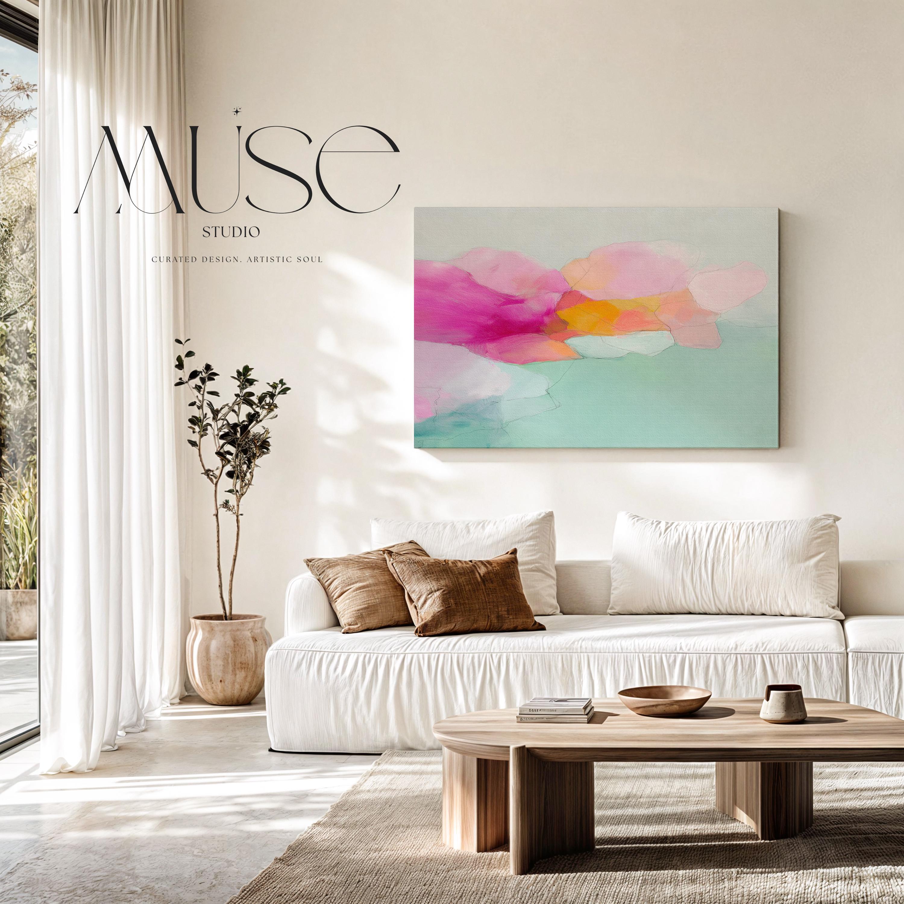 Blush Current 1053 by Muse Studio & Co., large horizontal pink, coral, teal and aqua floral abstract canvas wall art printed on premium gallery-wrapped cotton canvas with museum-grade giclée inks, styled for Soft Atmospheric bedrooms and Romantic Botanical interiors.