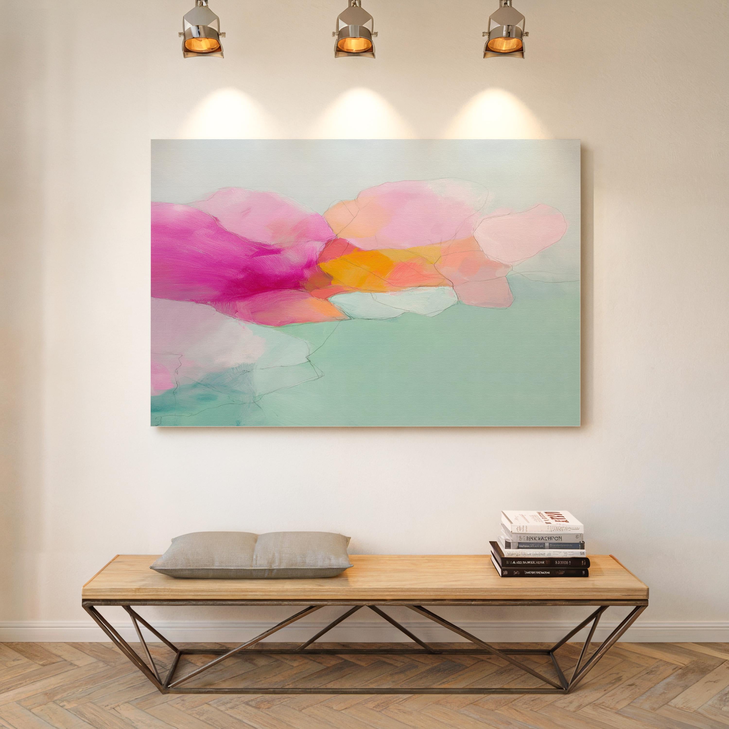 Blush Current 1053 by Muse Studio & Co., large horizontal pink, coral, teal and aqua floral abstract canvas wall art printed on premium gallery-wrapped cotton canvas with museum-grade giclée inks, styled for Soft Atmospheric bedrooms and Romantic Botanical interiors.