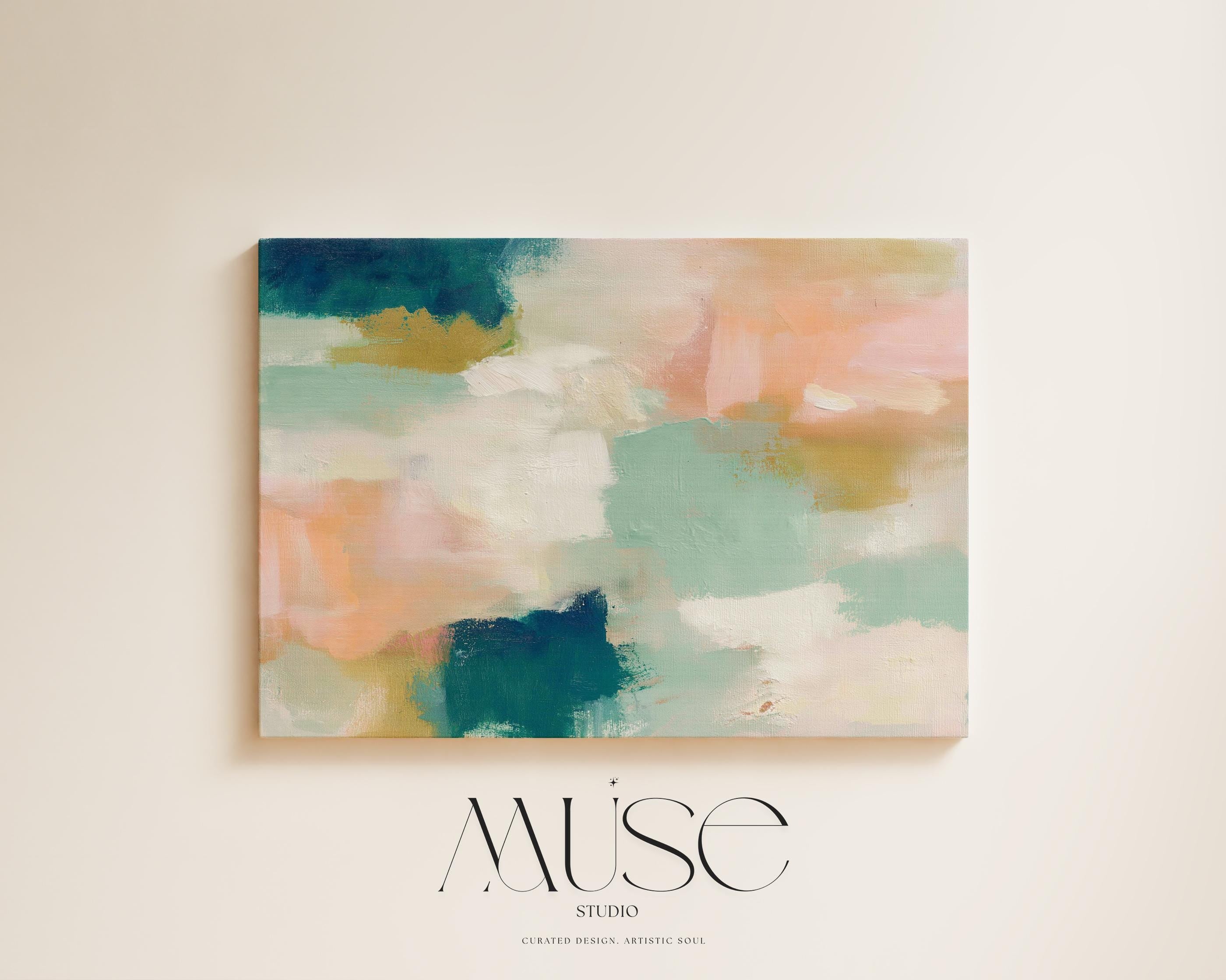 Large horizontal abstract canvas wall art featuring teal blue, mint green, soft peach, and warm sand tones layered over cream, designed for above couch placement, bringing airy color balance and painterly texture to a living room or bedroom wall.
