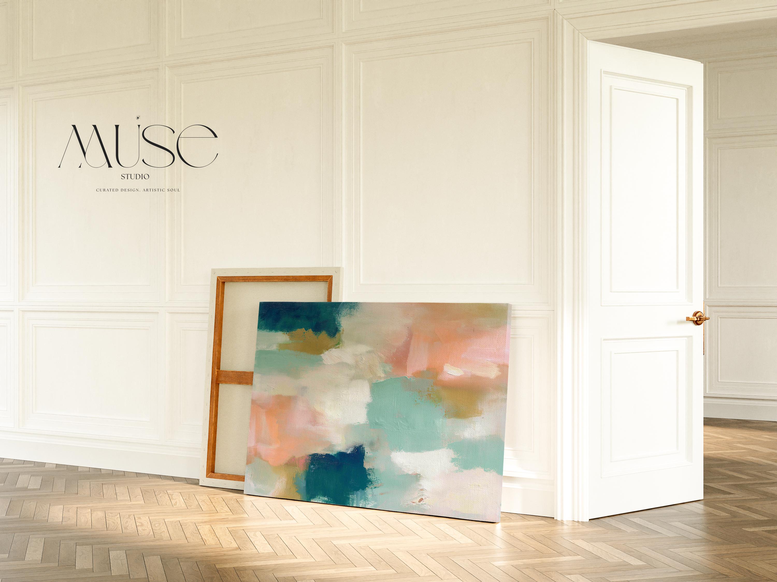 Large horizontal abstract canvas wall art featuring teal blue, mint green, soft peach, and warm sand tones layered over cream, designed for above couch placement, bringing airy color balance and painterly texture to a living room or bedroom wall.