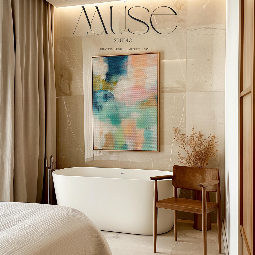 Large vertical abstract framed canvas wall art featuring layered teal, soft peach, cream, blush, and muted gold tones, styled for a serene bedroom or above a console table, offering coastal warmth and quiet luxury in a tall modern interior.