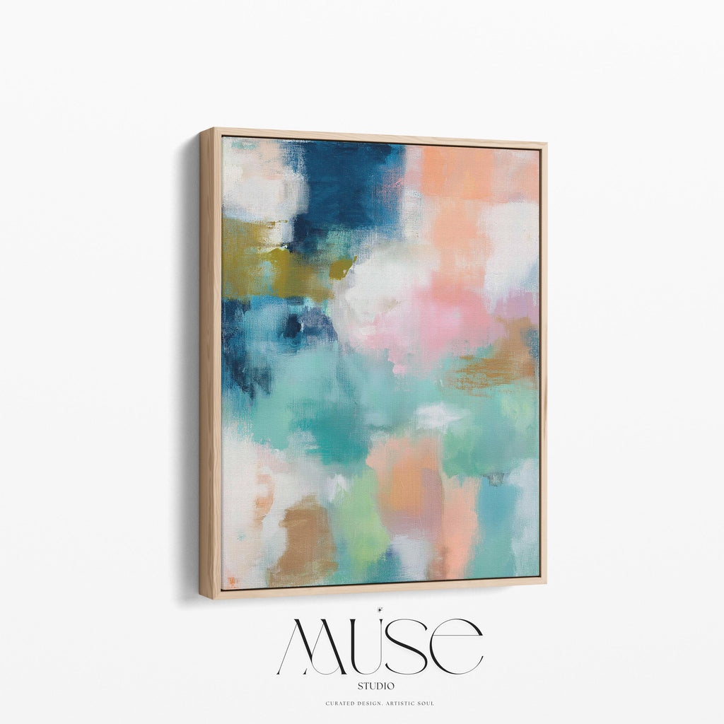 Large vertical abstract framed canvas wall art featuring layered teal, soft peach, cream, blush, and muted gold tones, styled for a serene bedroom or above a console table, offering coastal warmth and quiet luxury in a tall modern interior.