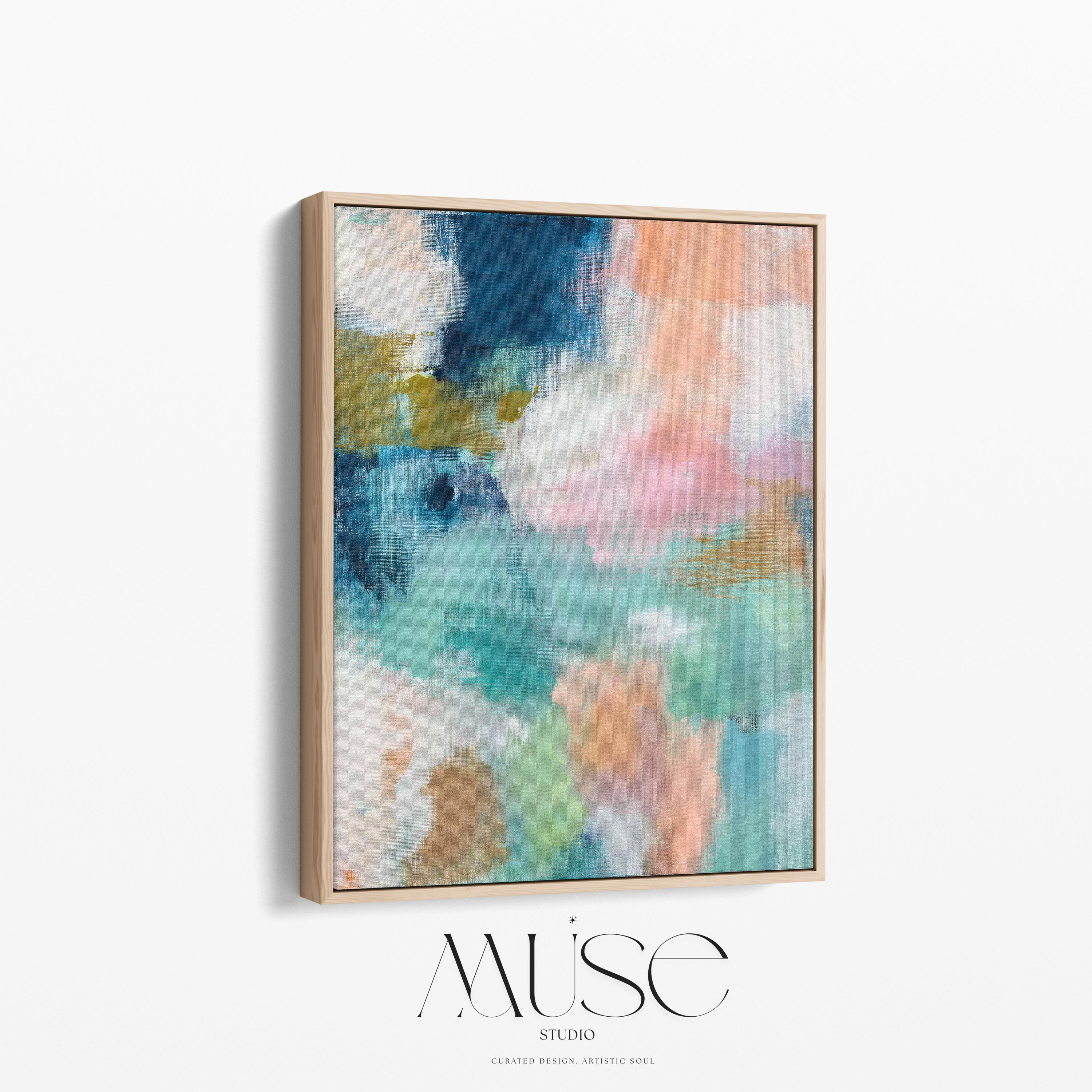 Large vertical abstract framed canvas wall art featuring layered teal, soft peach, cream, blush, and muted gold tones, styled for a serene bedroom or above a console table, offering coastal warmth and quiet luxury in a tall modern interior.