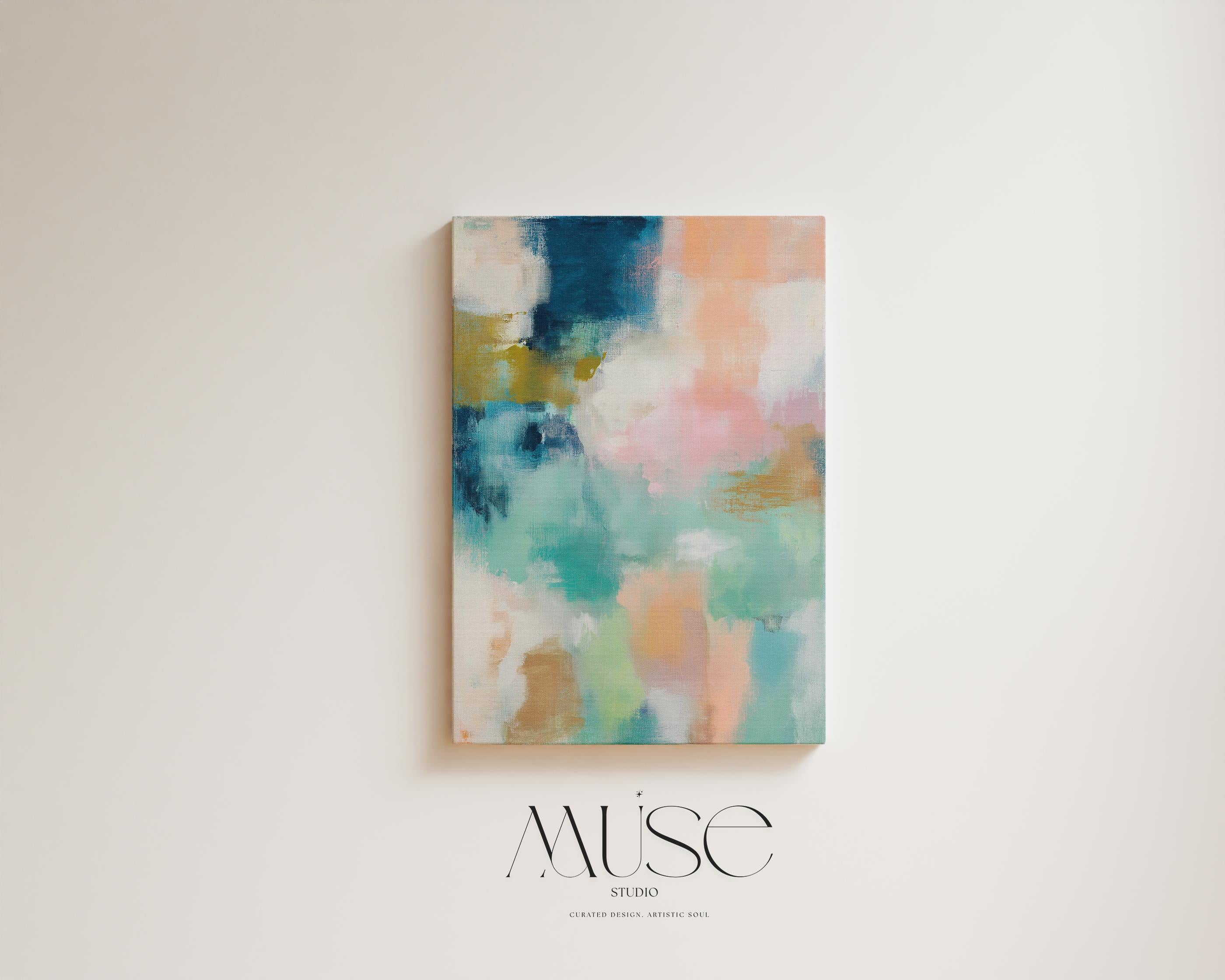 Large vertical abstract canvas wall art in teal, peach, cream, blush, and muted gold tones, designed for above sofa or bedroom placement, offering soft coastal color and calm movement for oversized wall decor.