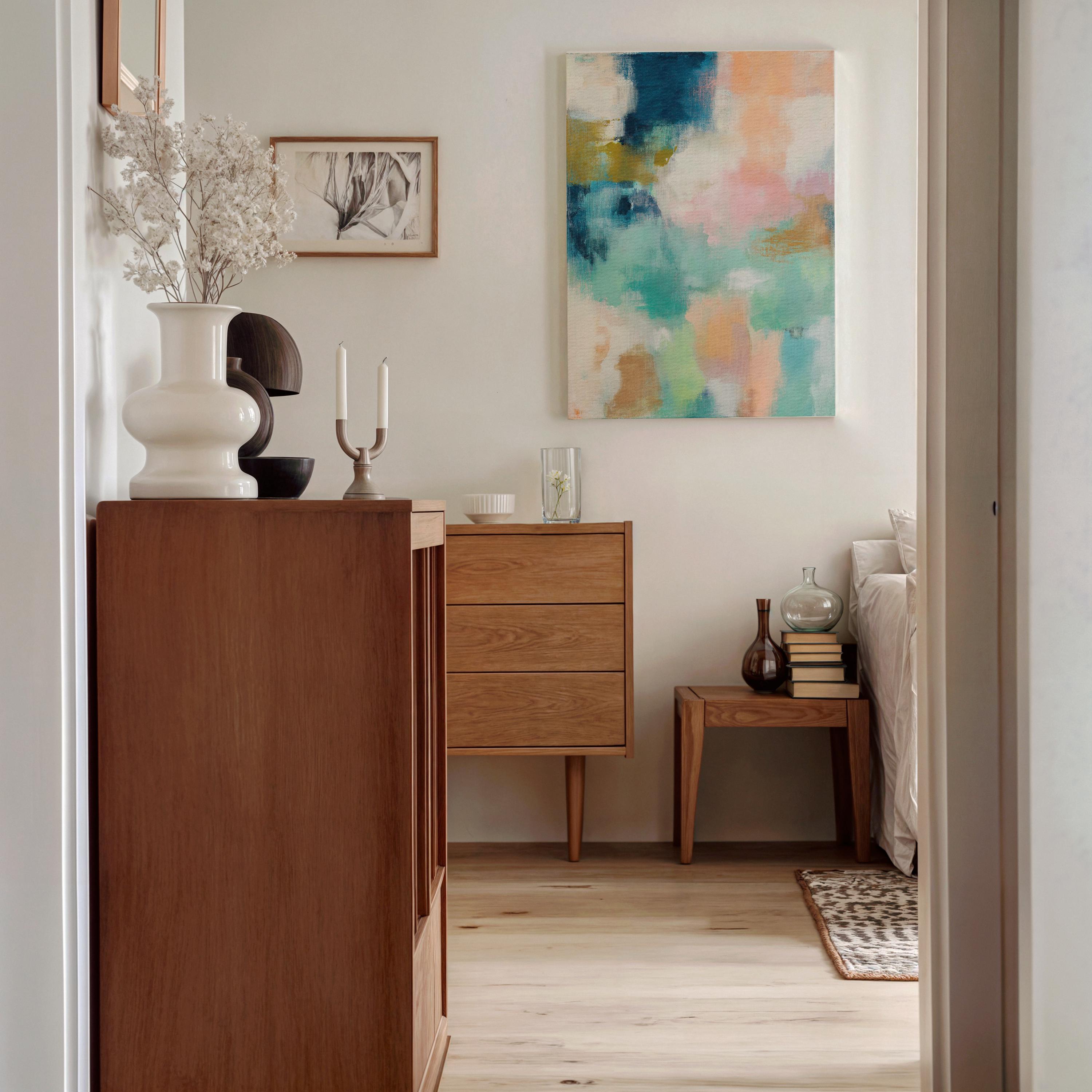 Large vertical abstract canvas wall art in teal, peach, cream, blush, and muted gold tones, designed for above sofa or bedroom placement, offering soft coastal color and calm movement for oversized wall decor.